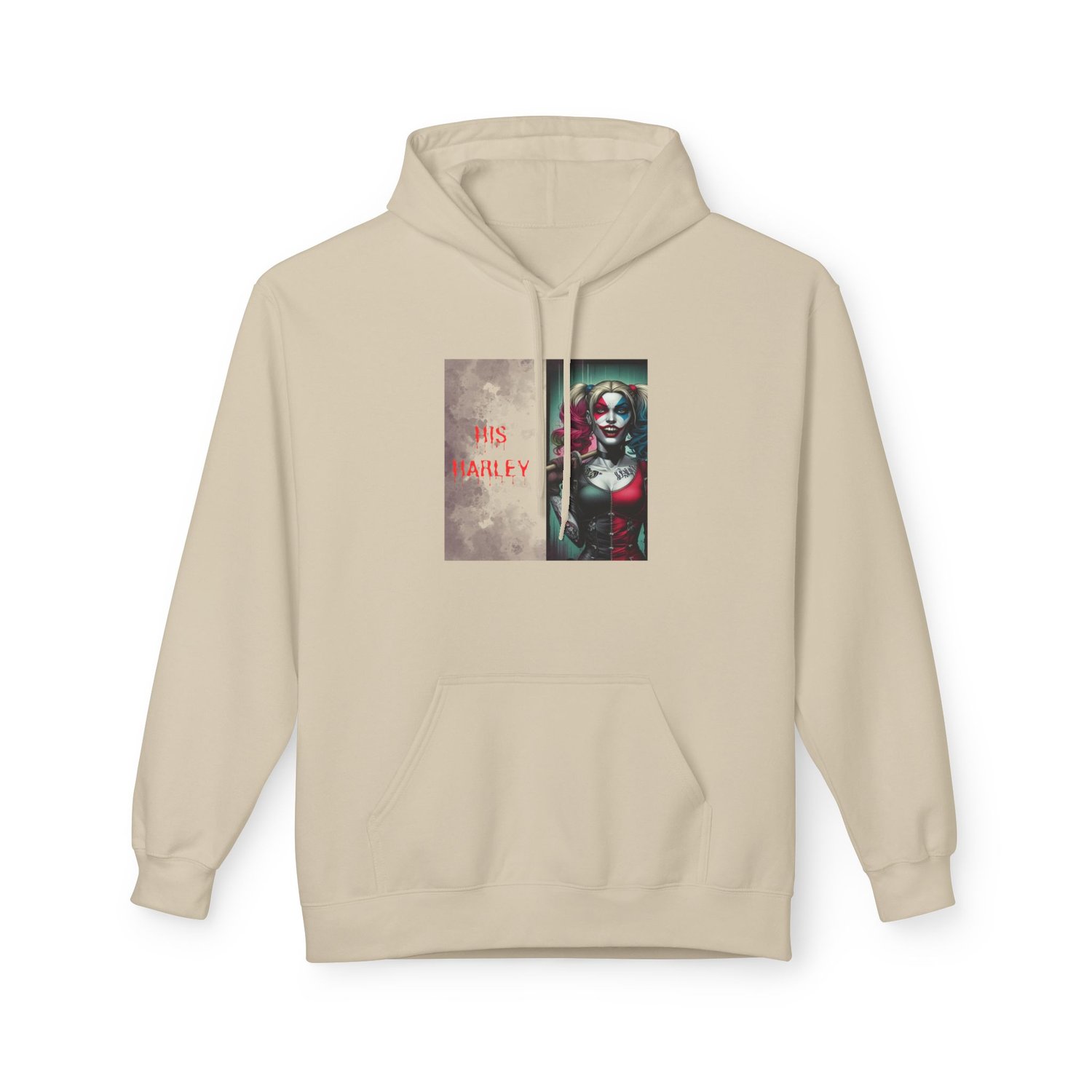 Boutique Sand-colored "His Harley" hoodie. A light neutral sweatshirt featuring the edgy Harley Quinn illustration.