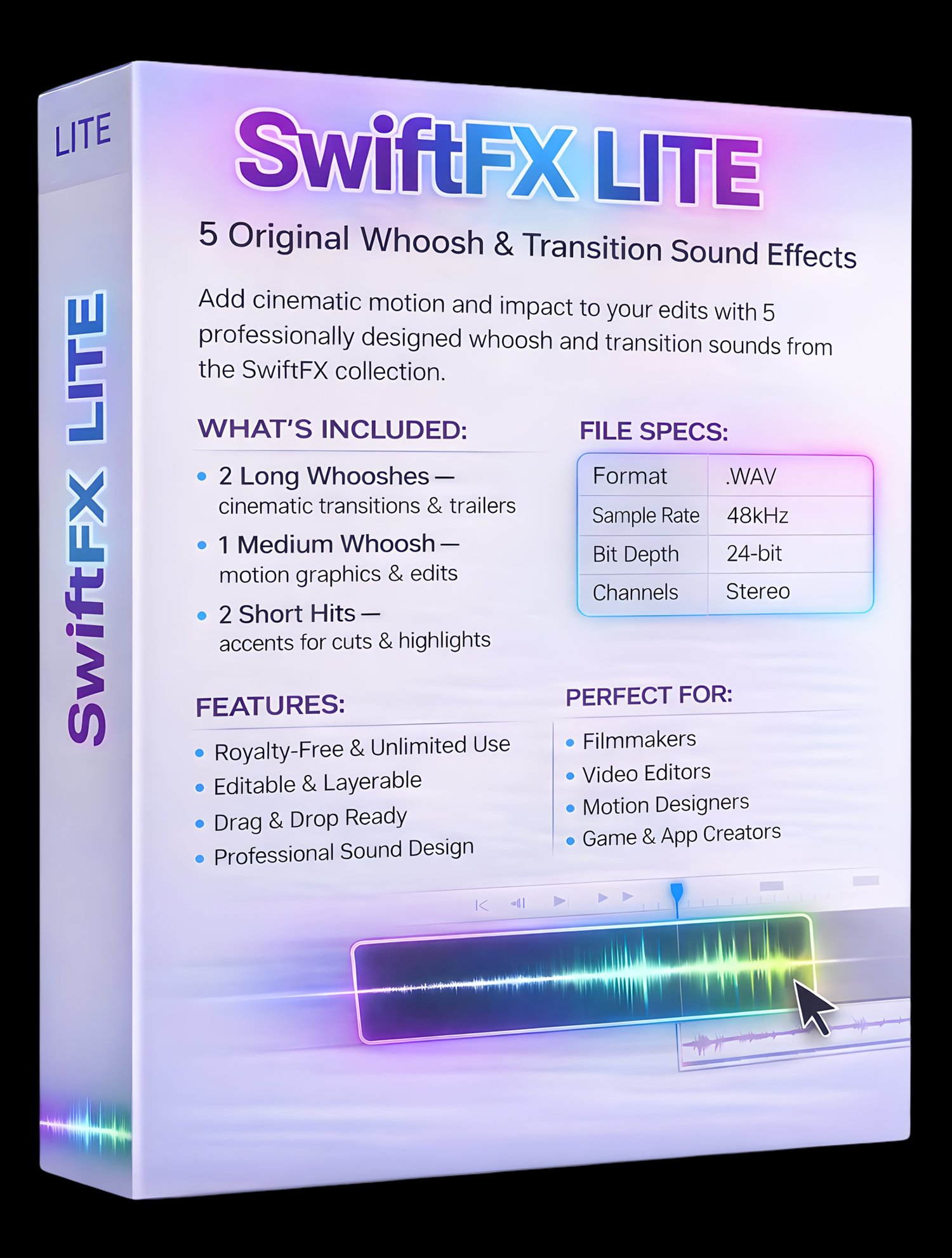Add cinematic motion and punch to your visuals with 50 professional whoosh and transition sound effects. Includes 48kHz / 24-bit WAV files crafted for film, trailers, video edits, motion graphics, and online content creation. Royalty-free and production-r