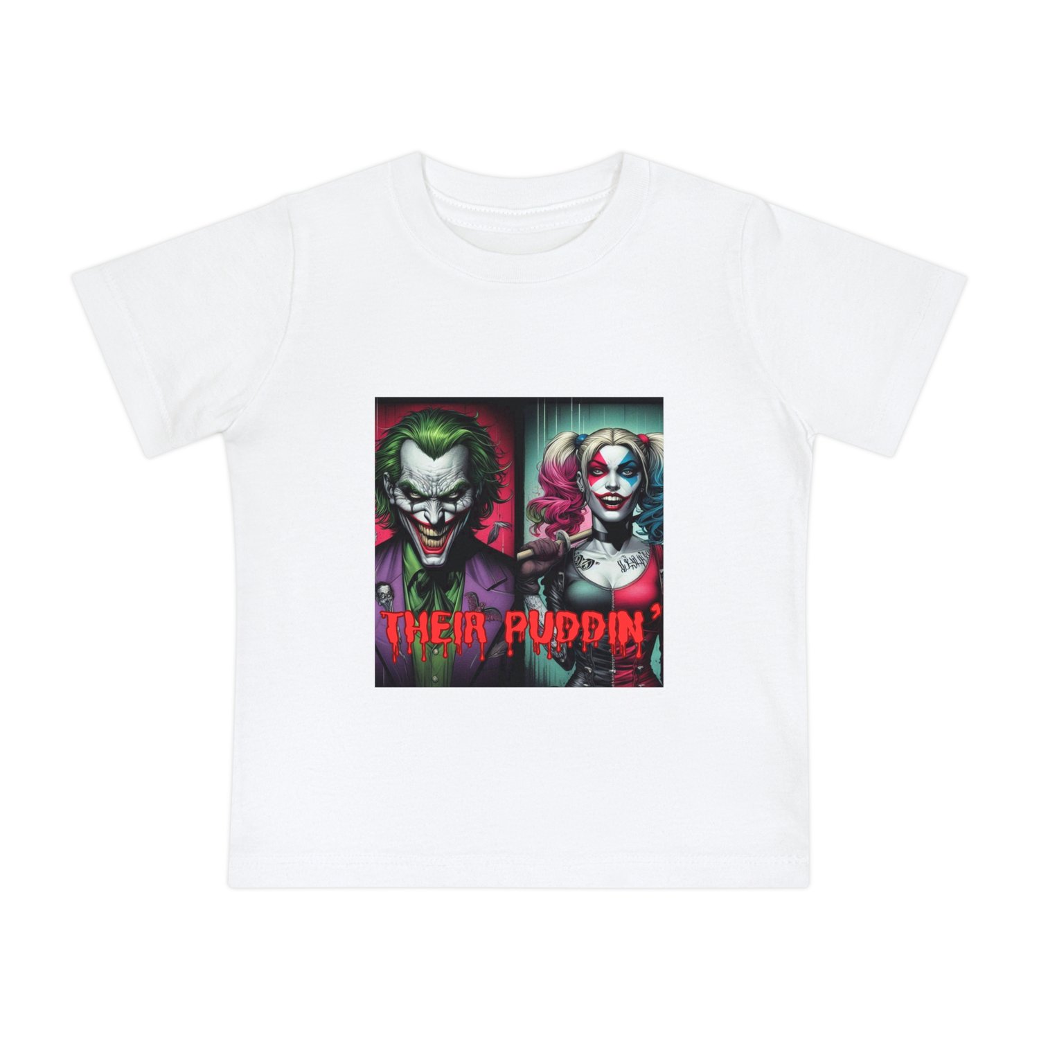 Classic White "Product Name" featuring high-contrast green and purple custom art on soft cotton.