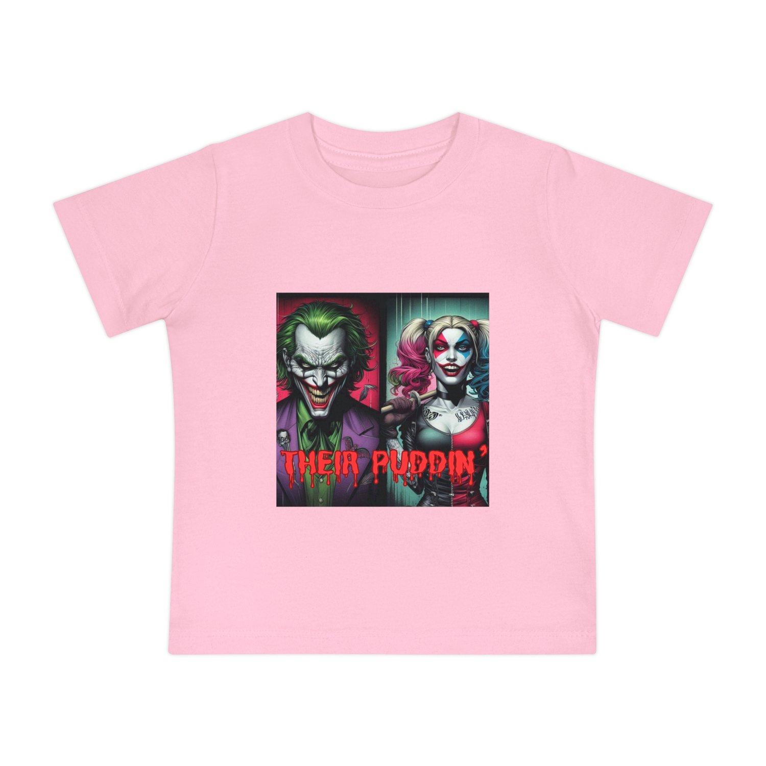 Soft Pink "Their Puddin’" baby tee. A perfect "Grace and Grit" balance with tough comic-style art on pastel fabric.