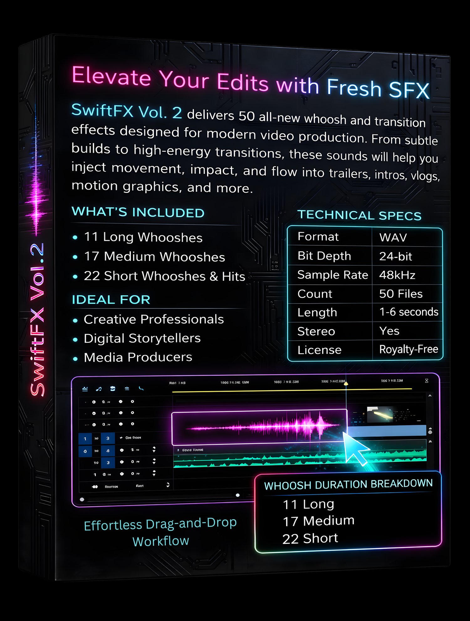 Add motion and impact to edits with 50 cinematic whoosh and transition sound effects. Perfect for filmmakers, video editors, motion designers, and YouTube creators. Includes professional 48kHz / 24-bit WAV audio with royalty-free commercial use.