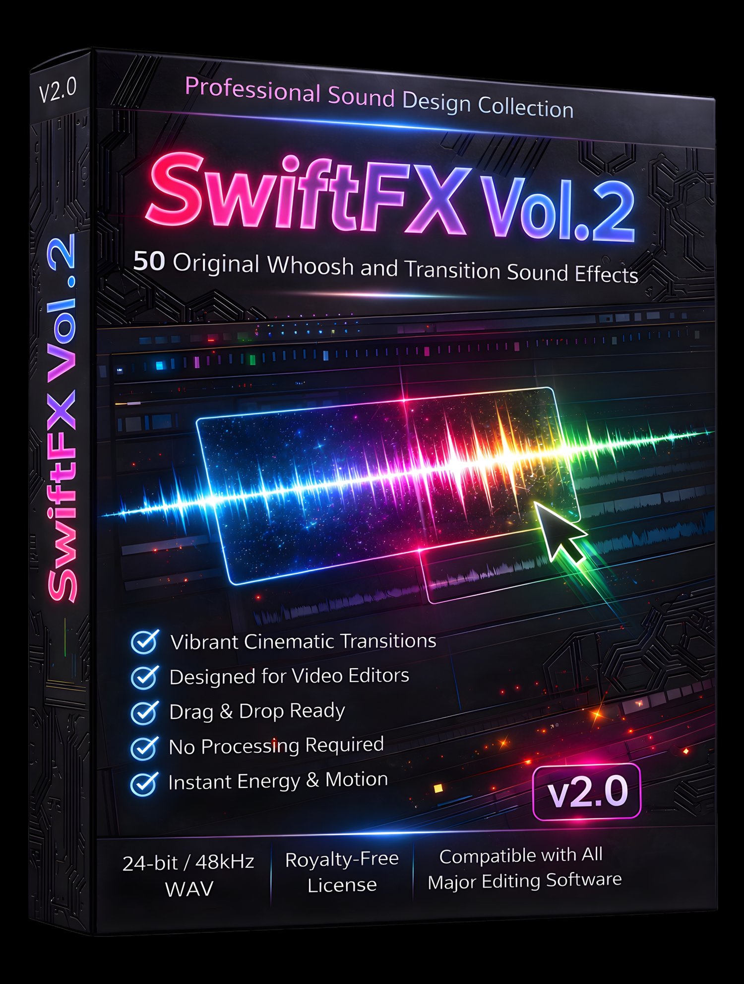 Professional whoosh and transition sound effects pack featuring 50 cinematic SFX for film, video editing, motion graphics, trailers, and digital media. Includes high-quality 48kHz / 24-bit WAV files with royalty-free licensing for commercial projects.