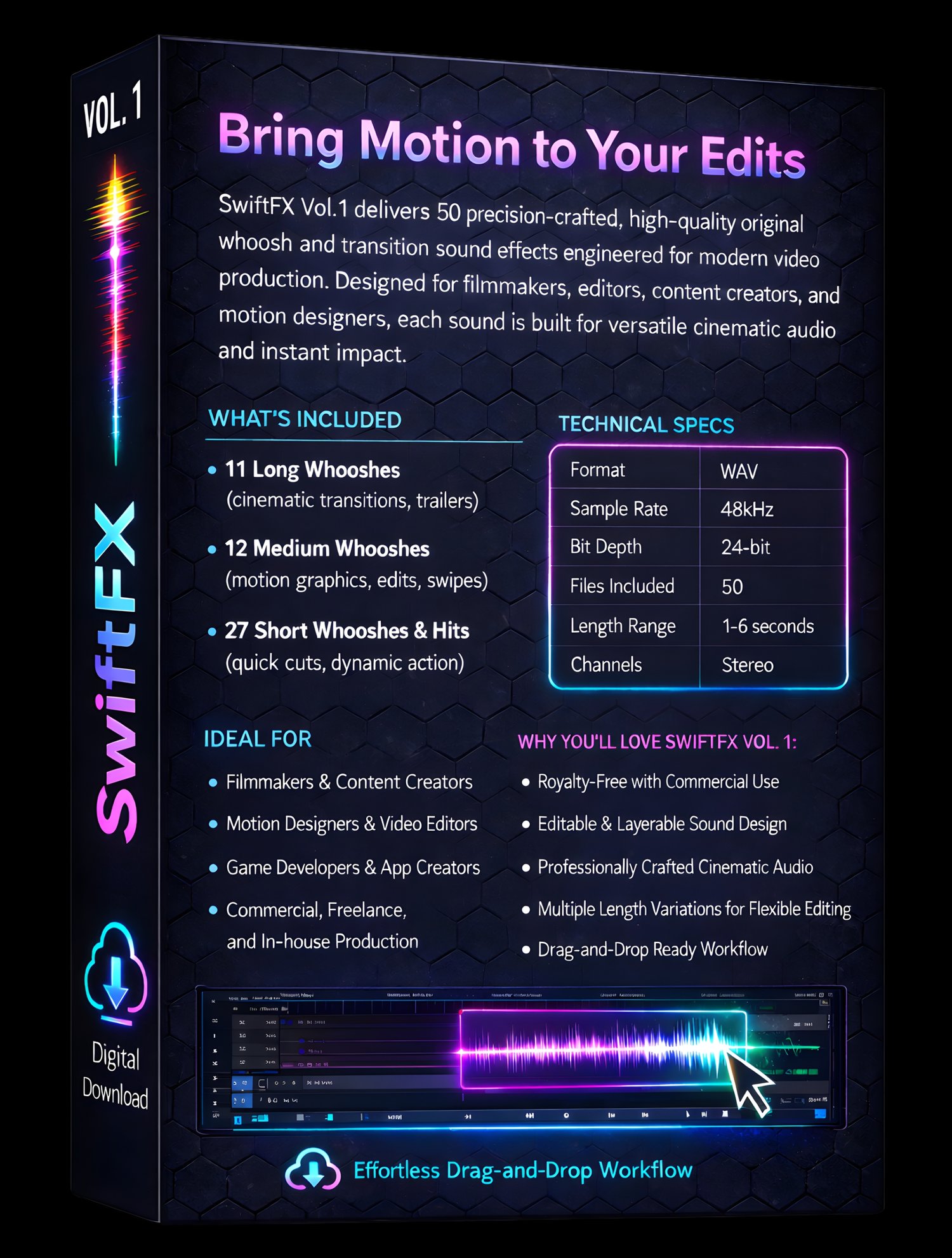 Add cinematic motion and impact with 50 whoosh and transition sound effects for film, video editing, trailers, motion graphics, and YouTube. Includes high-quality 48kHz / 24-bit WAV SFX designed for professional productions. Royalty-free and instantly rea