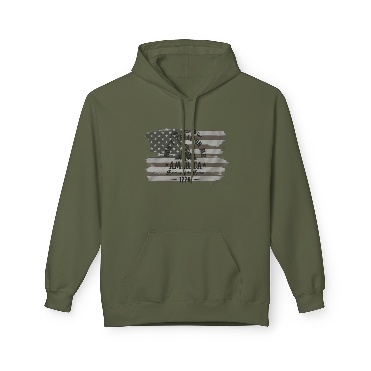 The 1776 Heritage hoodie in Military Green. Features a weathered American flag and Gadsden snake in a gritty, black-ink custom graphic.