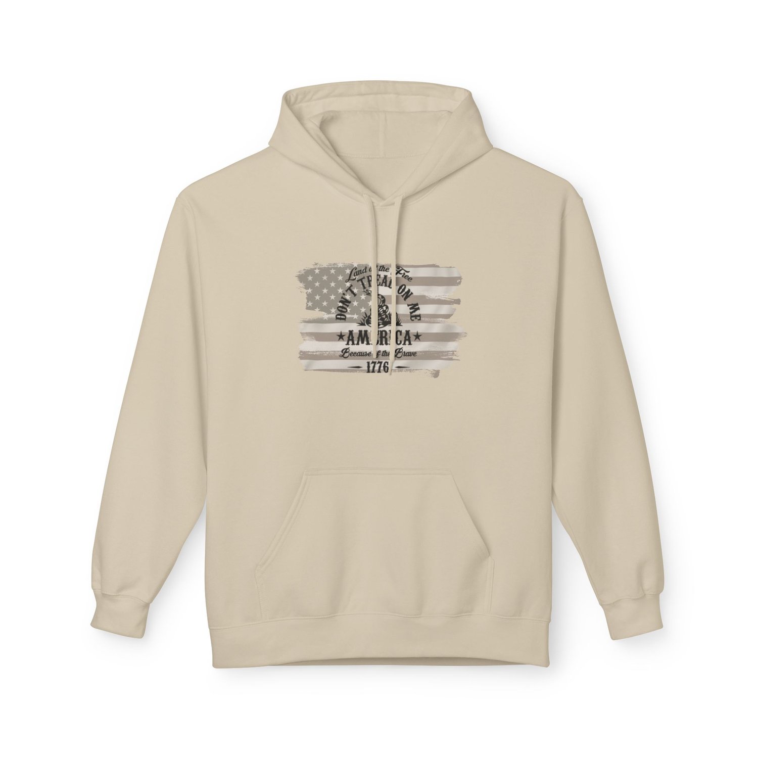 Boutique Sand-colored 1776 Heritage hoodie. High-contrast patriotic design on a rugged, desert-tan premium sweatshirt.