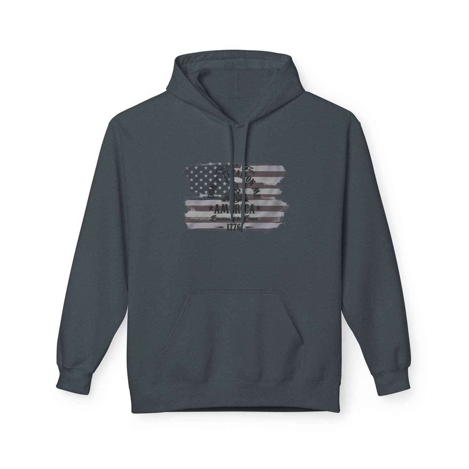 1776 Heritage custom hoodie in Dark Heather. The charcoal grey fabric provides a stealthy, textured look for the patriotic flag graphic.