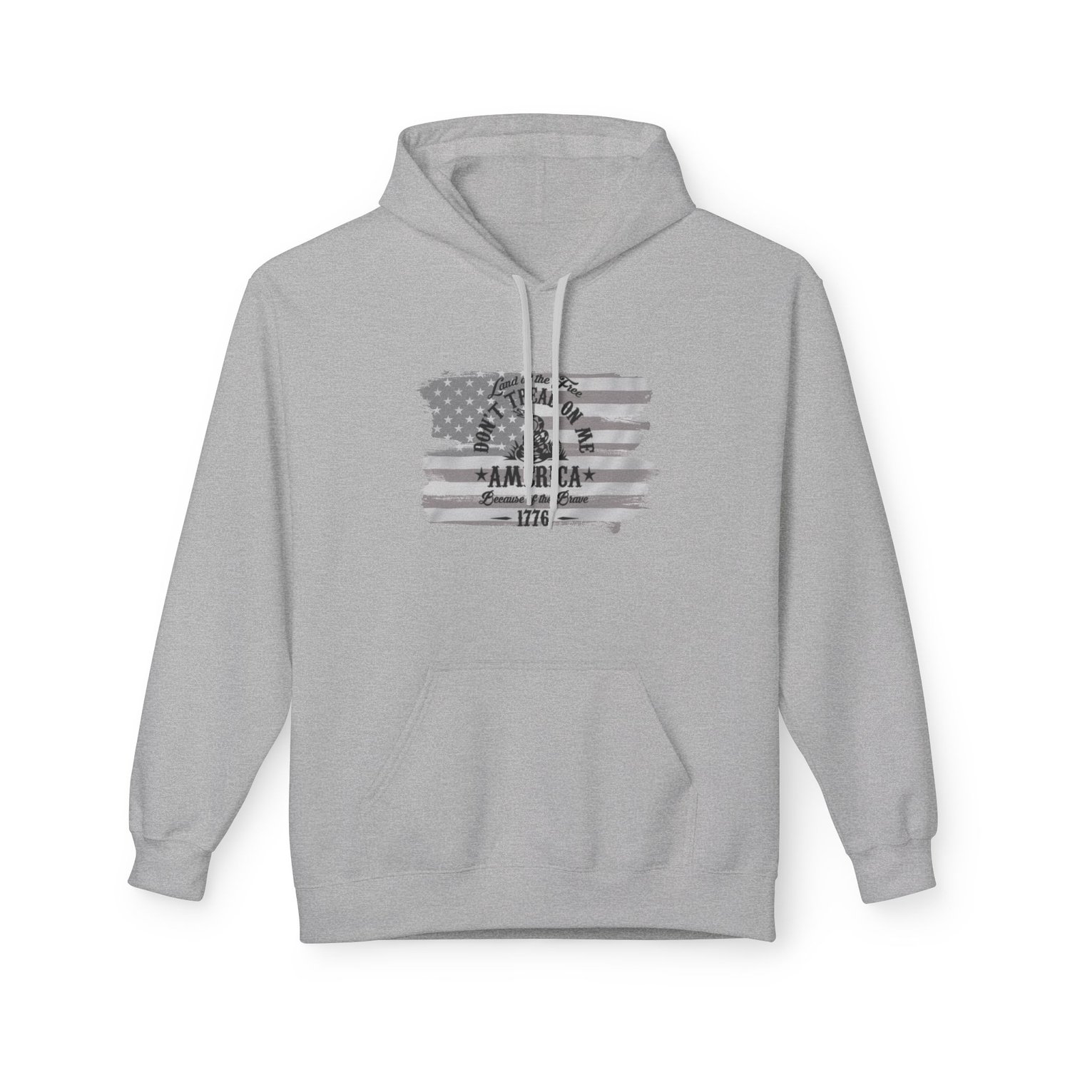 Sport Grey 1776 Heritage hoodie. A classic heather grey sweatshirt with a bold, high-contrast "Dont Tread On Me" design.