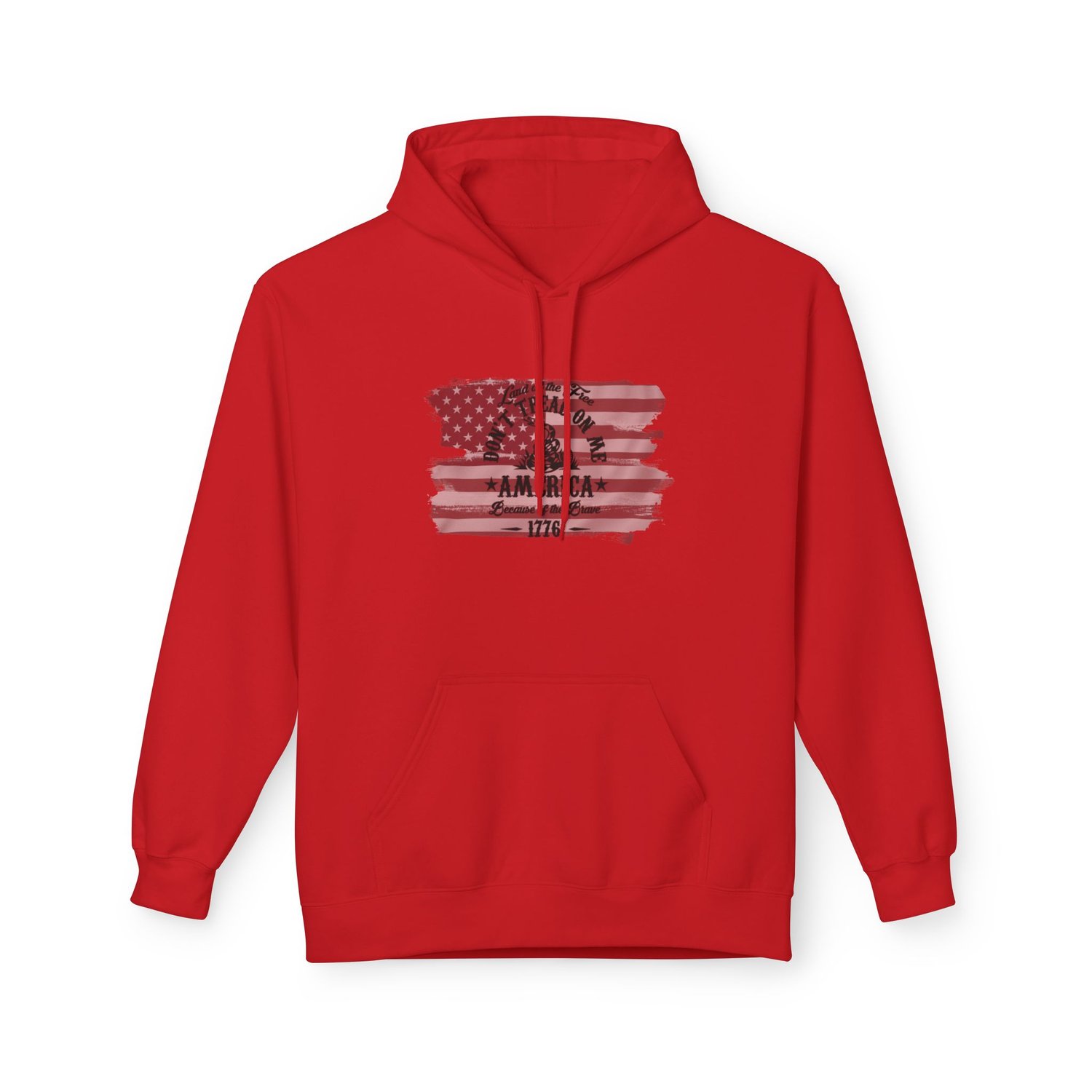 The 1776 Heritage" patriotic hoodie in classic Red. The black weathered flag and Gadsden snake graphic create a high-contrast, bold look on this premium Softstyle® sweatshirt.