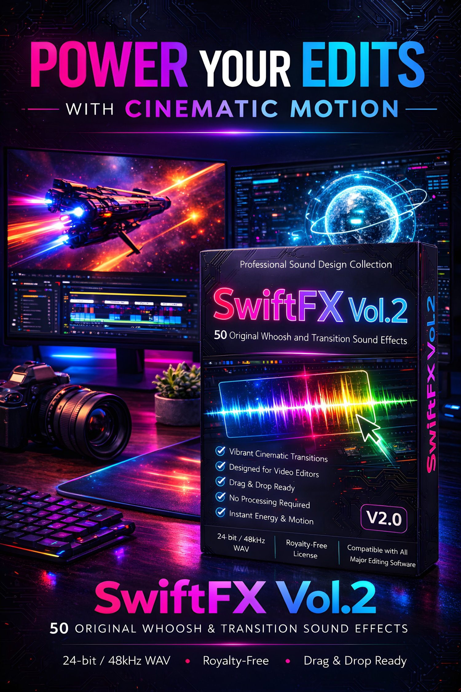 SwiftFX Vol.2 delivers 50 original whoosh and transition sound effects for video editors, filmmakers, and content creators. High-quality 24-bit / 48kHz WAV files. Royalty-free, drag-and-drop ready, perfect for cinematic transitions, motion graphics, trailers, and media production.