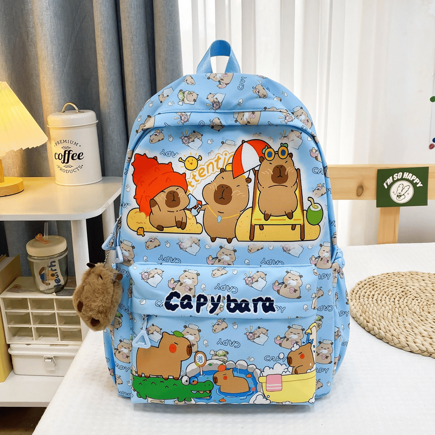 Blue capybara animal print school bag for kids