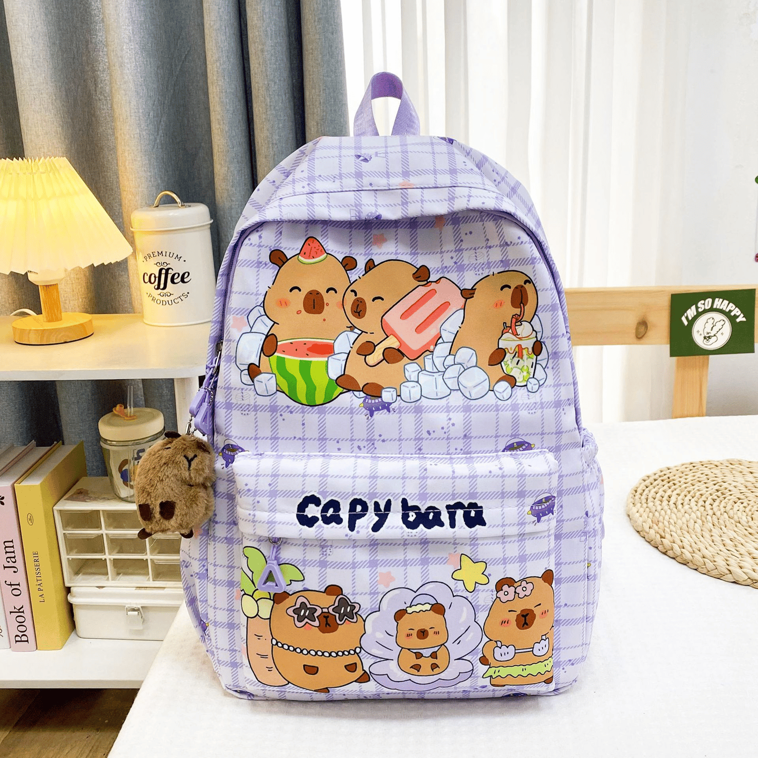 Black capybara school backpack with large capacity compartments