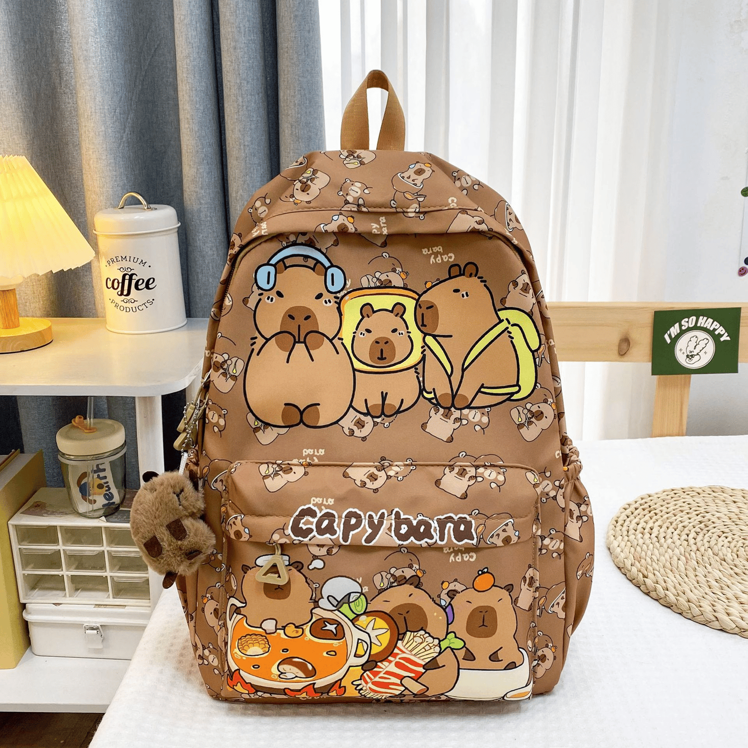 Brown capybara cartoon backpack with playful animal design