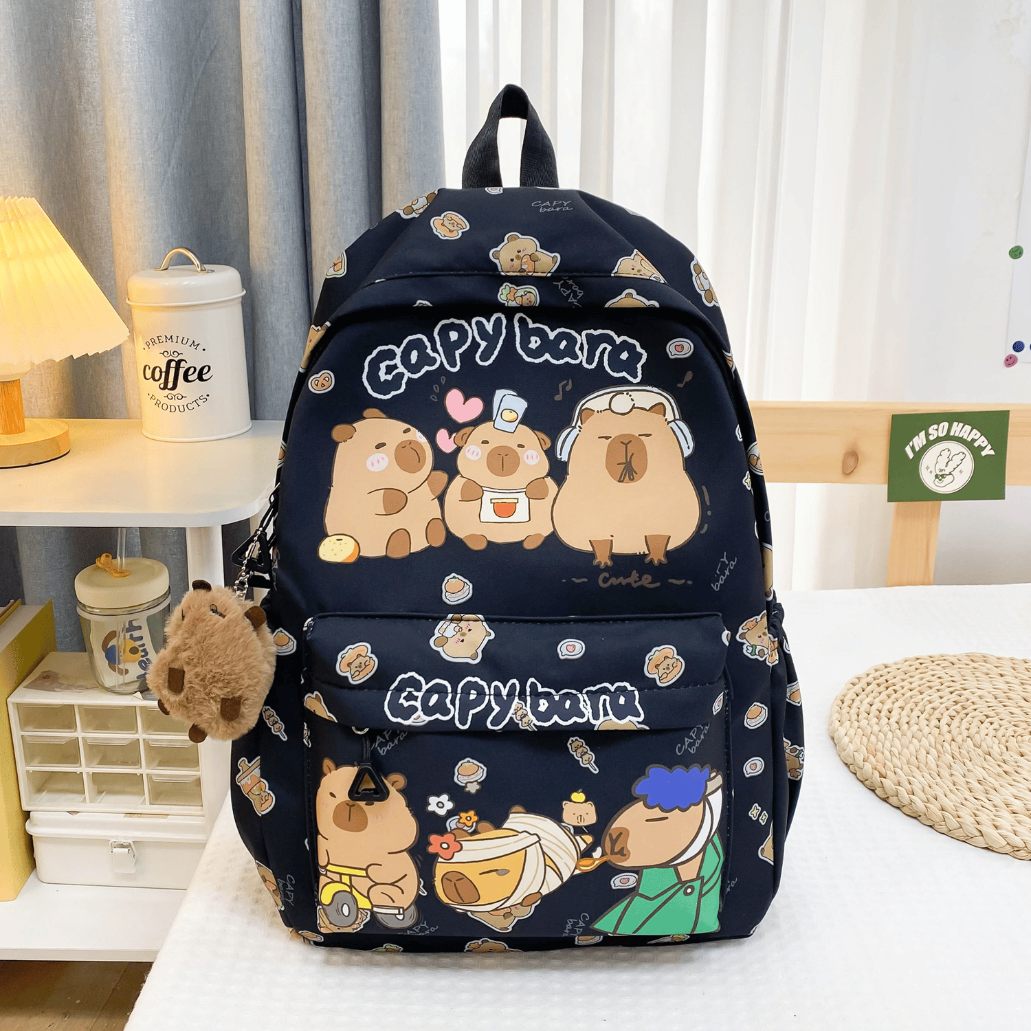 Purple capybara cartoon backpack with cute charm pendant