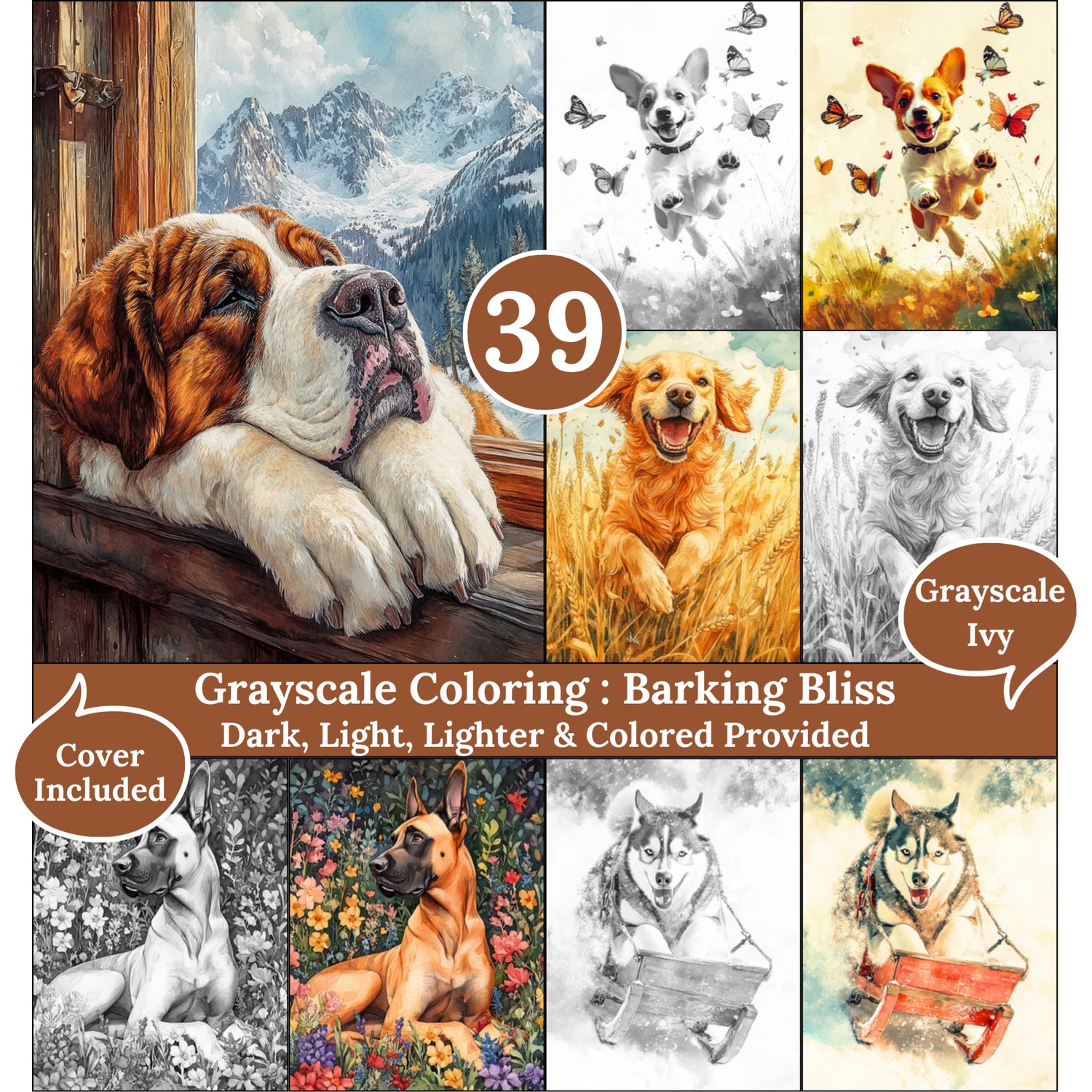 Endless Love, 36 Coloring Pages, Grayscale Drawings, Dark Light Lighter and Colored Versions,  Digital Art Sheets, Mother's love, Mom's Day
