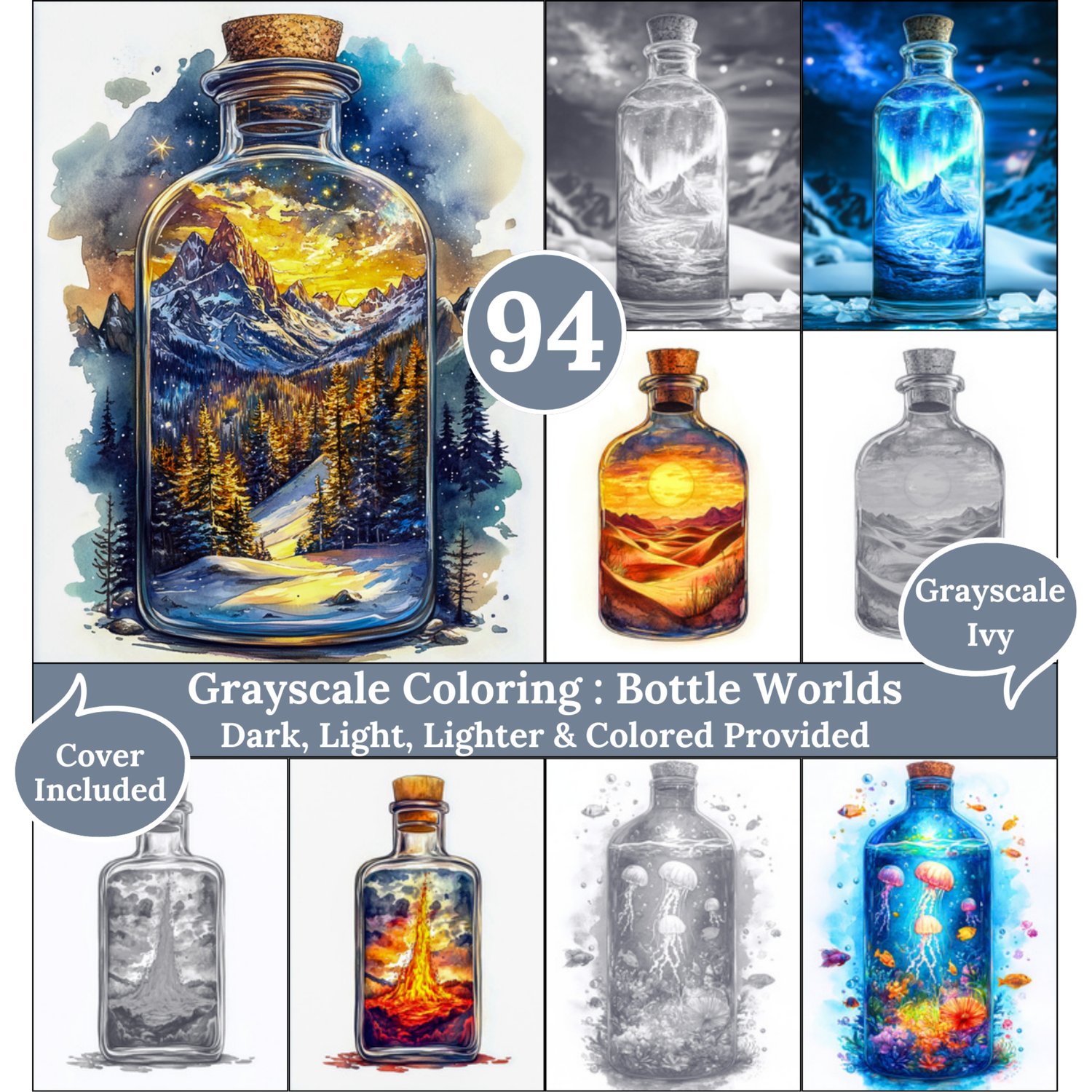 Bottle Worlds, 94 Coloring Pages, Grayscale Drawings, Dark Light Lighter and Colored Versions,  Digital Art Sheets, Landscape in bottles