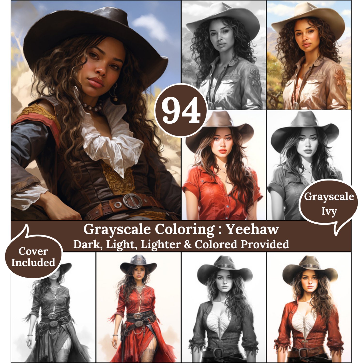 Yeehaw, 94 Coloring Pages, Grayscale Drawings, Dark Light Lighter and Colored Versions,  Digital Art Sheets, Gorgeous Cow Girls
