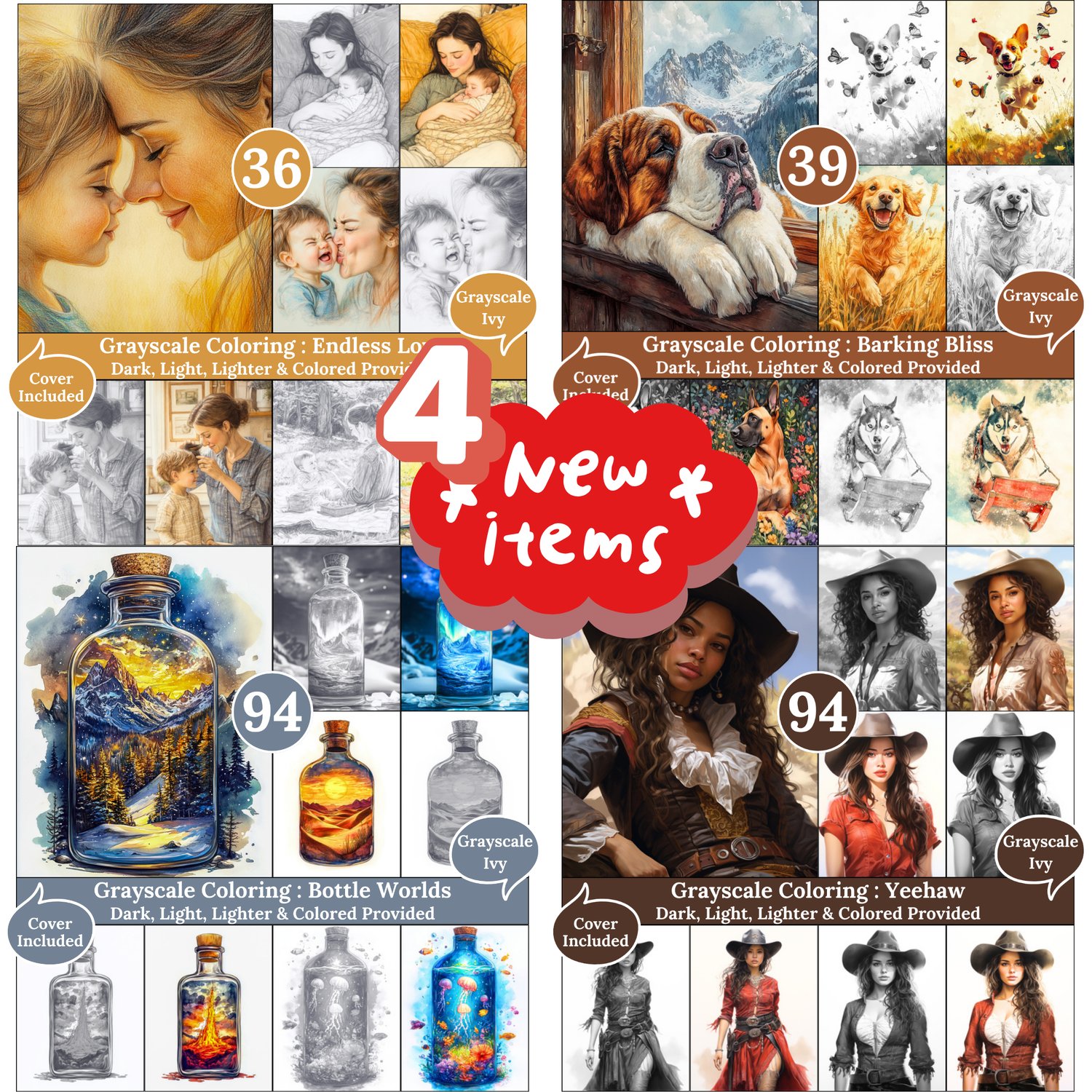 Grayscale Ivy New Arrivals — April 25, 2026 4 New Grayscale Coloring Books for Adults – Printable Digital PDFs Each book includes Dark, Light, Lighter & Colored versions, perfect for relaxing and creative coloring moments.