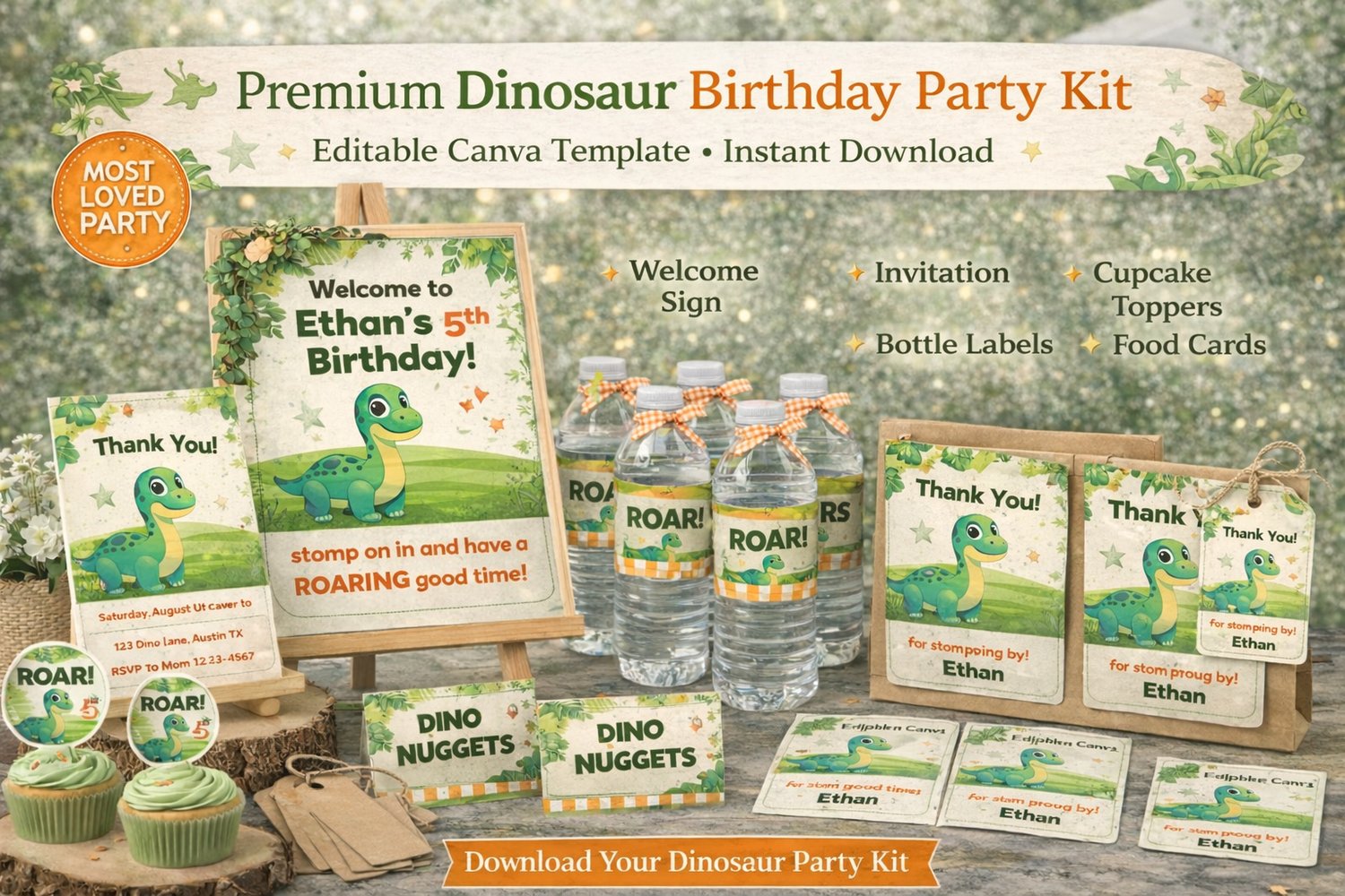 Dinosaur birthday party kit printable editable Canva template bundle