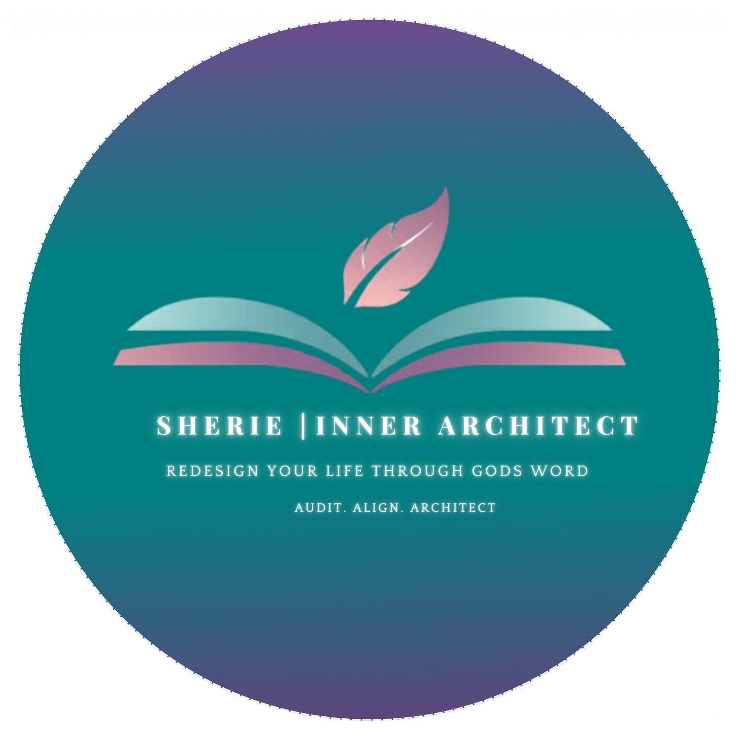 Logo of Sherie | Inner Architect – a circular emblem featuring an open book with a gentle feather leaf sprouting from the pages, symbolizing inner healing, pattern recognition, and redesigning life through God's Word. The design uses a calming teal-to-purple gradient with the text 'SHERIE | INNER ARCHITECT' and the tagline 'AUDIT. ALIGN. ARCHITECT.' below. Represents awareness-first inner healing ministry for Christian women seeking to break old patterns and steward their God-given purpose."