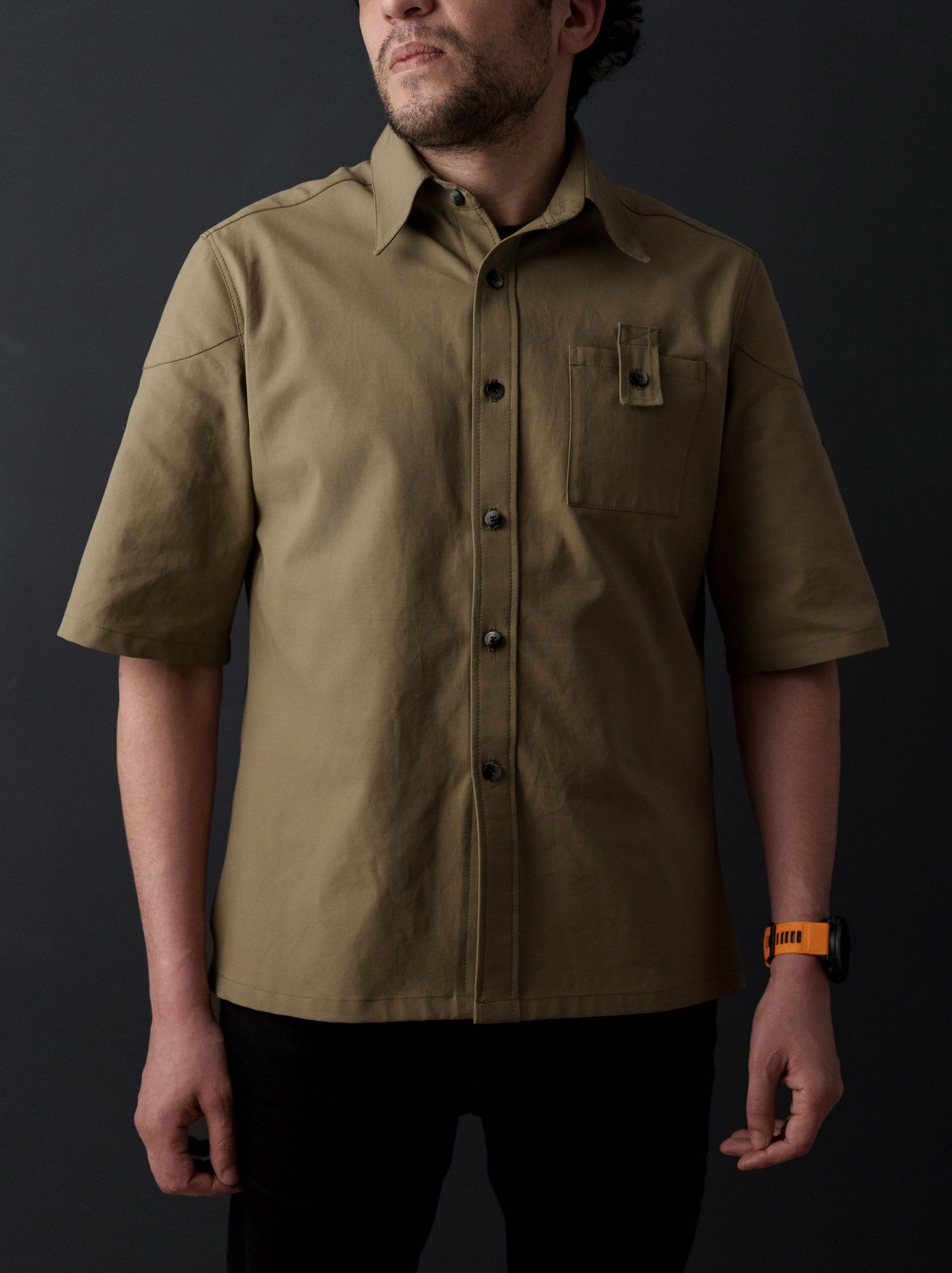 Liviu Shirt sewing pattern — front view, olive shirt, short sleeves