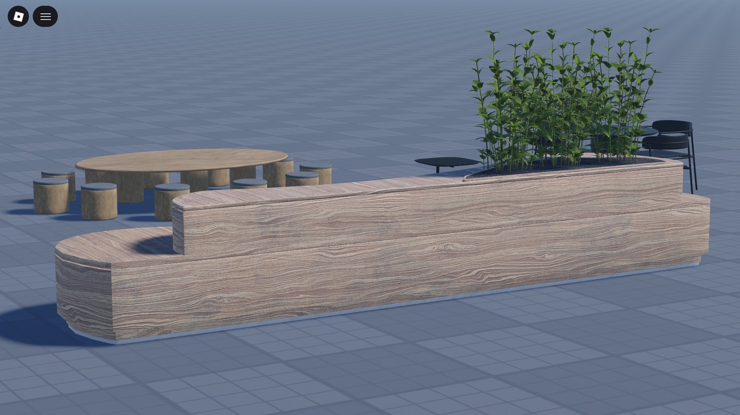 Roblox indoor mall seating area with tables and chairs