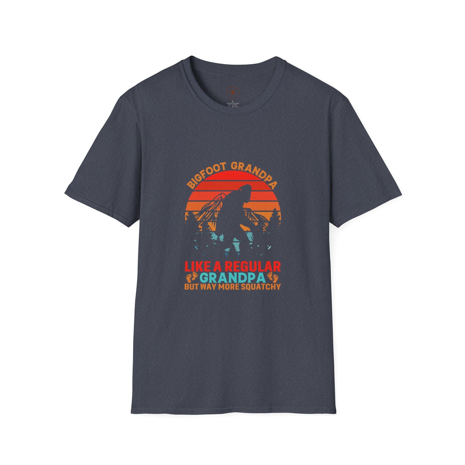 A Heather Navy t-shirt with a vintage speckled texture, showcasing the 'Way More Squatchy' Bigfoot Grandpa graphic in retro earth tones.