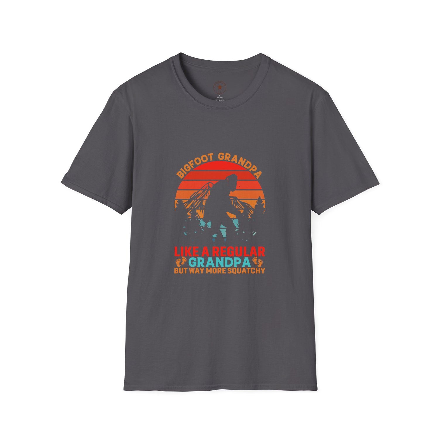 A Charcoal Grey Gildan 64000 t-shirt featuring a retro Bigfoot Grandpa design with a vintage sunset background. The fabric has a deep, matte charcoal finish.