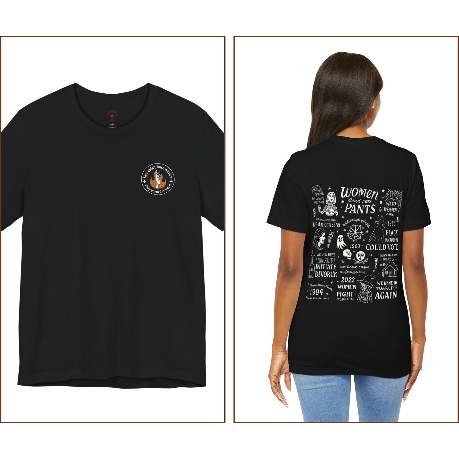 A Black Bella+Canvas 3001 t-shirt featuring a vertical Women's History timeline design with a skeleton and vintage orange sunset graphics.