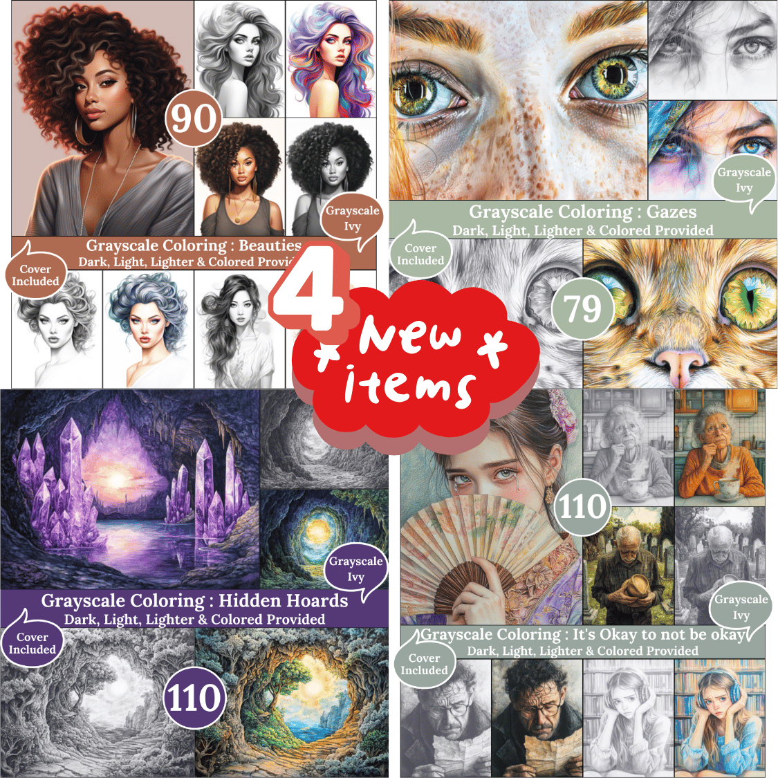 Grayscale Ivy New Arrivals — May 02, 2026 4 New Grayscale Coloring Books for Adults – Printable Digital PDFs Each book includes Dark, Light, Lighter & Colored versions, perfect for creative and relaxing coloring sessions.