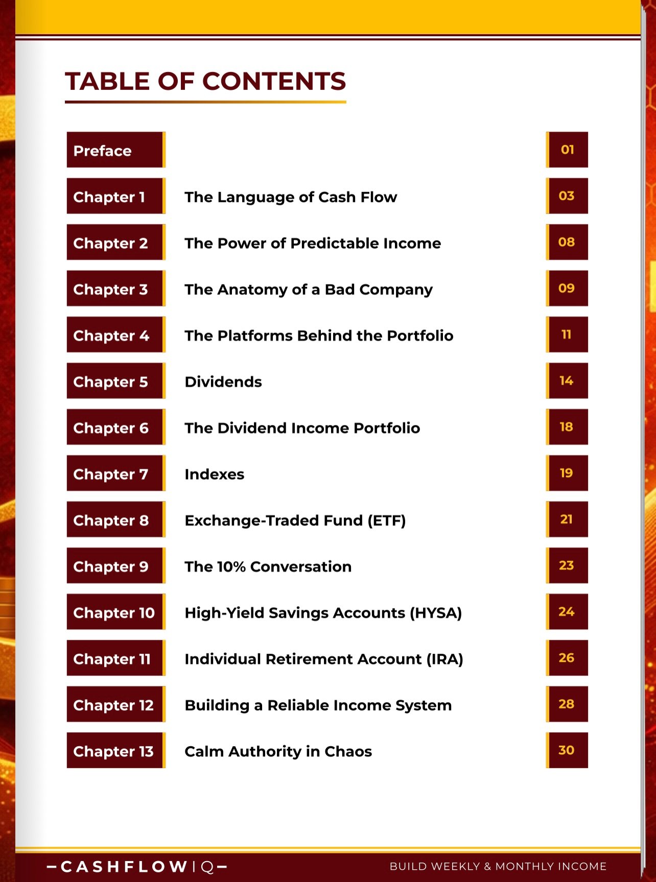 Table of contents for Cash Flow IQ: Build Weekly & Monthly Income