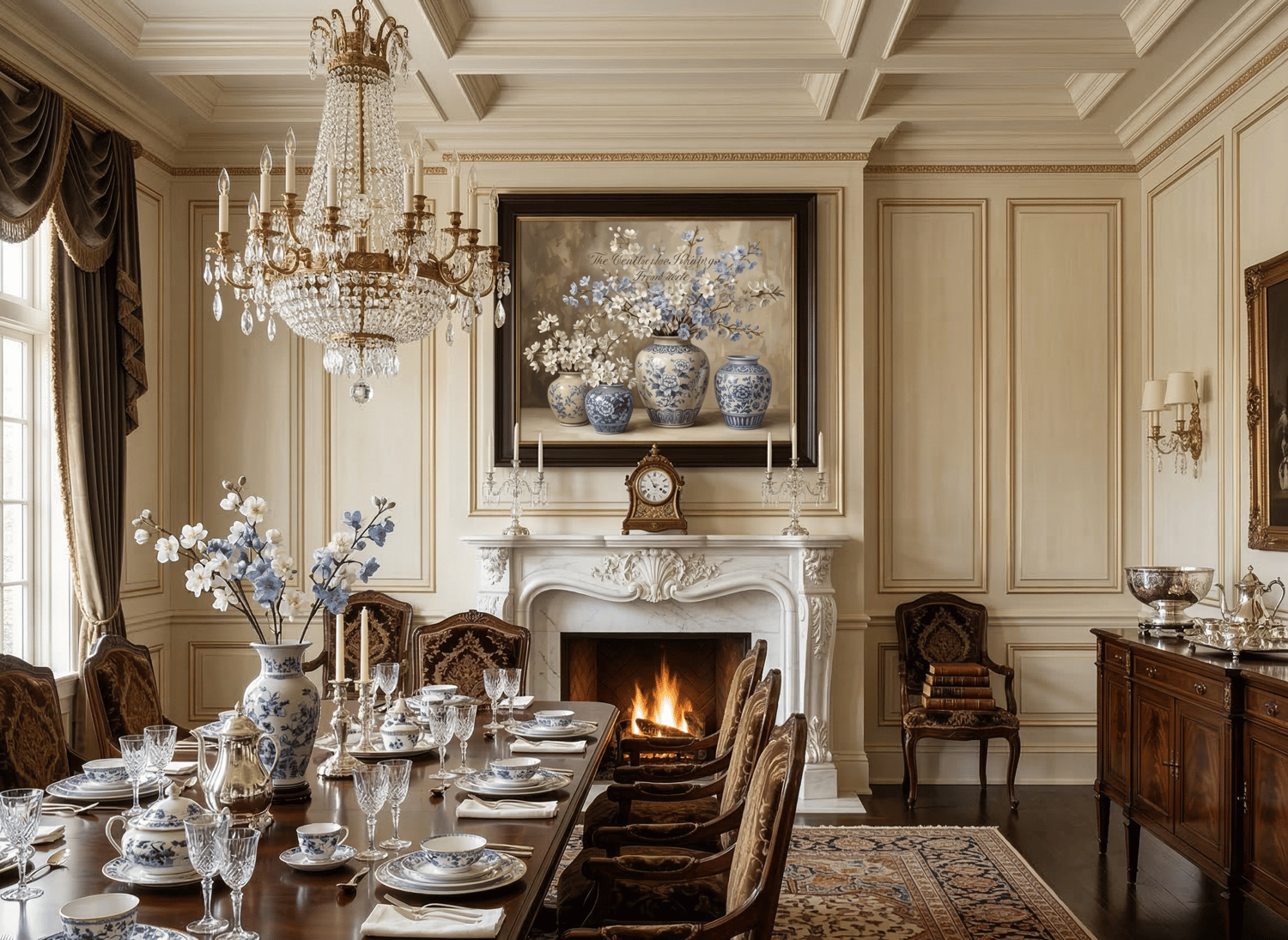 Traditional dining room interior featuring a crystal chandelier and the Jeremiah 29:11 blue and white floral art print framed above a white marble fireplace.