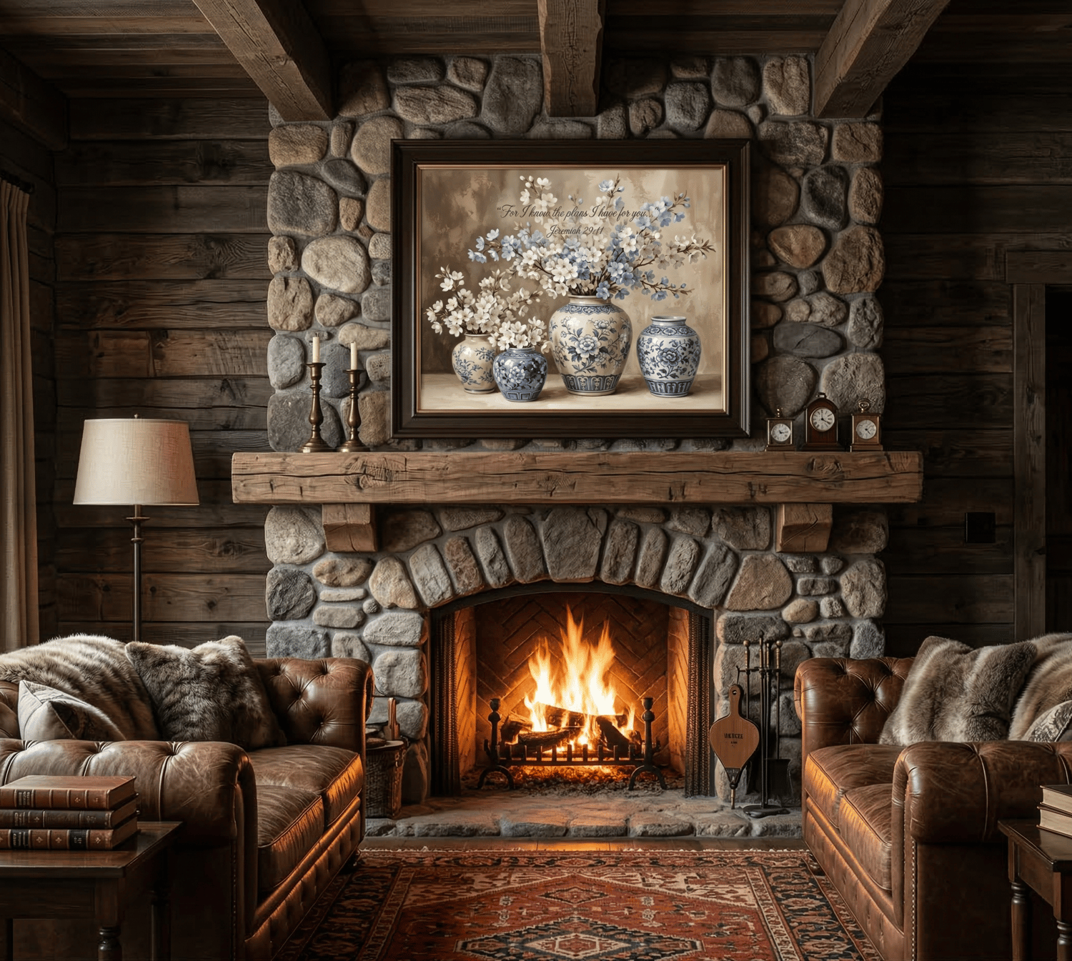 Jeremiah 29:11 scripture artwork framed in dark wood, hanging above a stone fireplace in a cozy rustic cabin setting.
