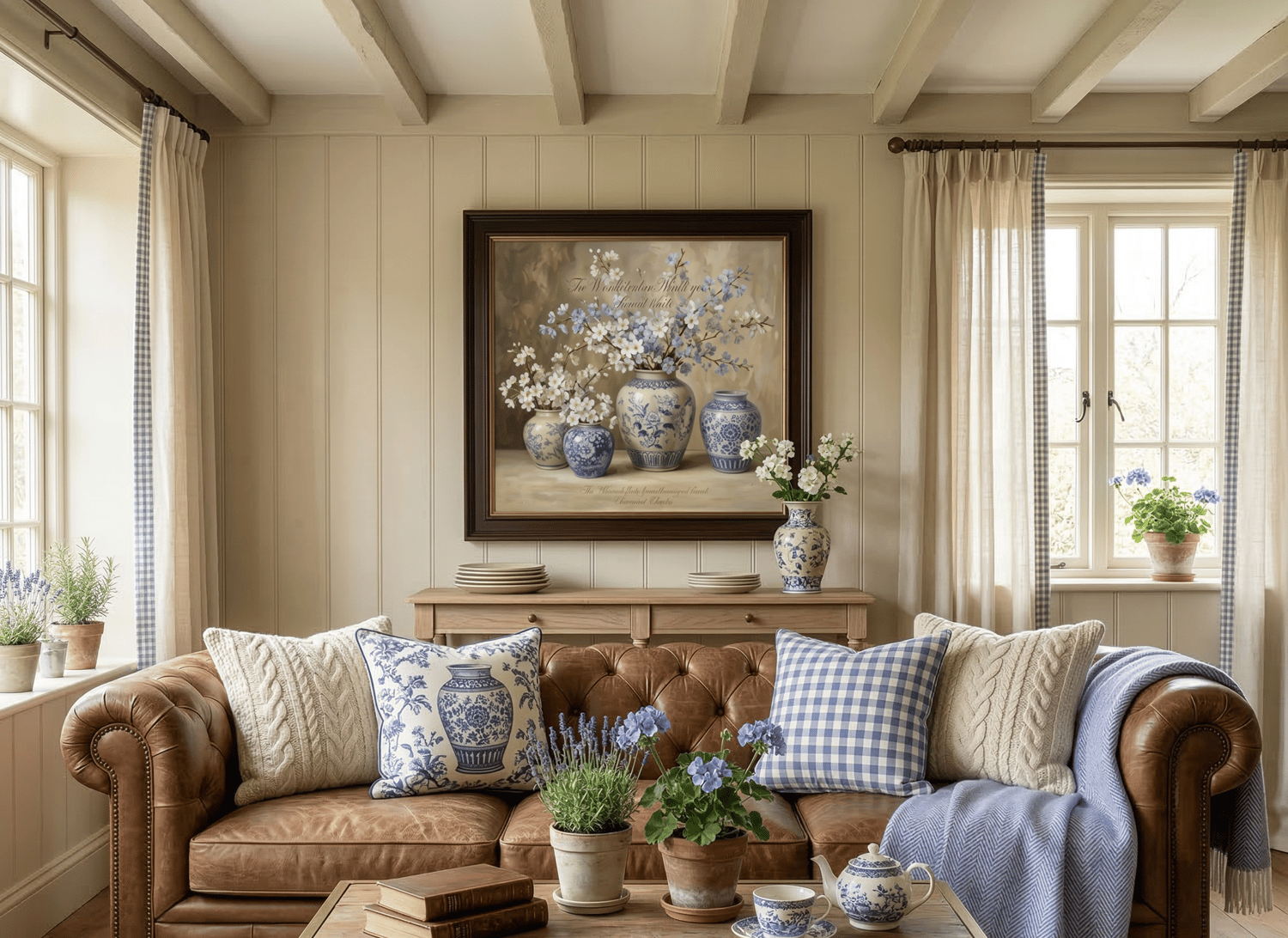Beautiful living room featuring a brown leather sofa, blue and white pillows, and the framed Jeremiah 29:11 floral scripture wall art.