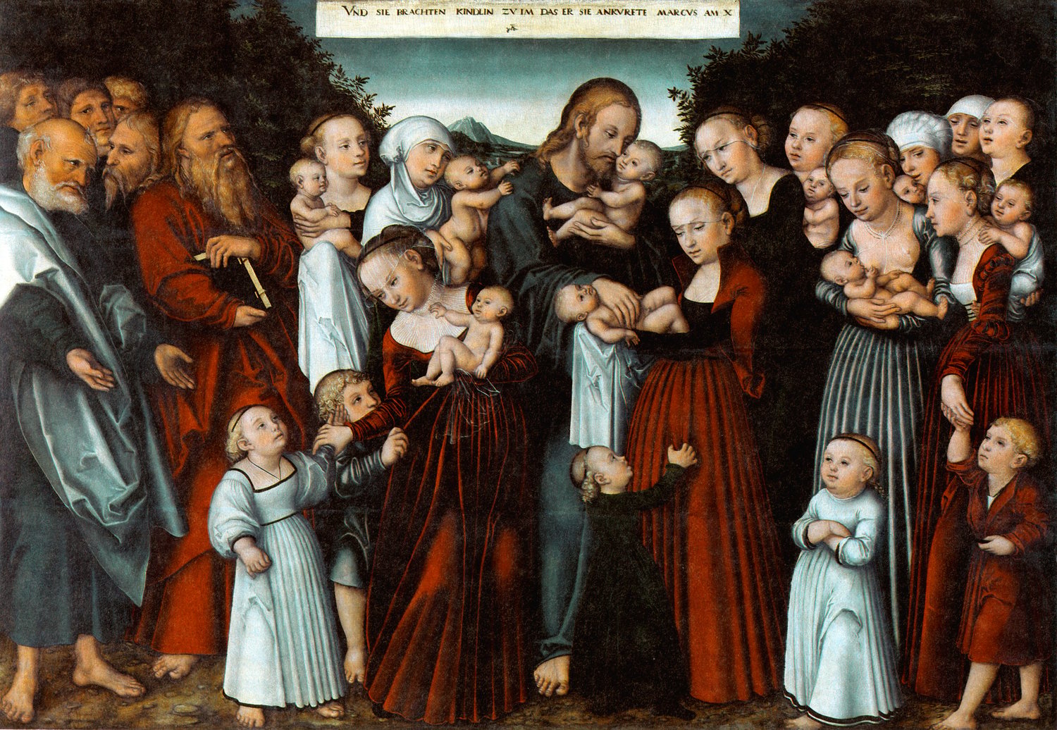 A painting of Jesus blessing the children. He is holding babies and surrounded by mothers on the right and fathers on the left. Painting by Lucas Cranach the Younger (1515–1586). Public Domain via Wikimedia Commons.