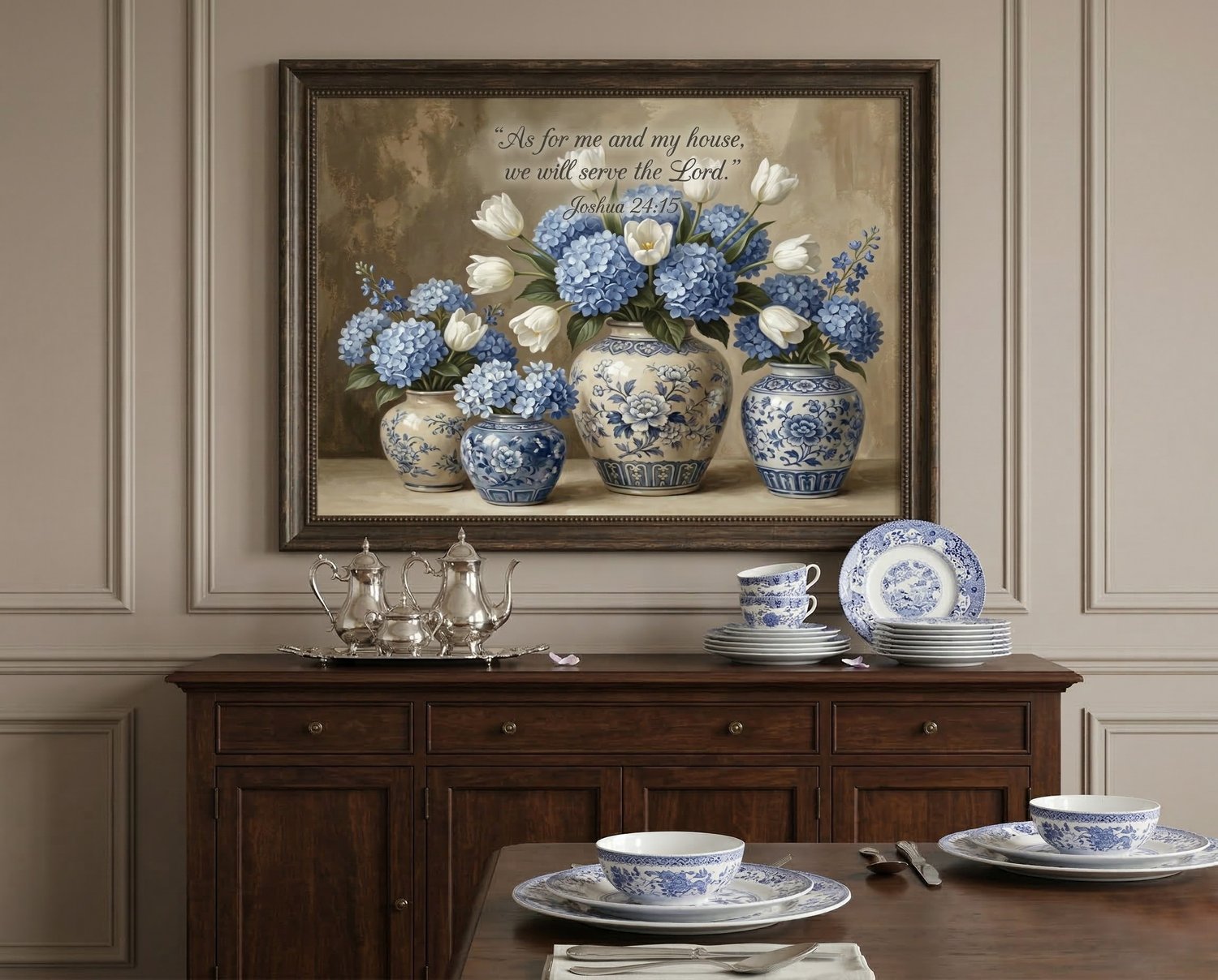 Traditional dining room featuring a wooden sideboard, silver tea set, and the framed Joshua 24:15 blue and white floral scripture artwork.