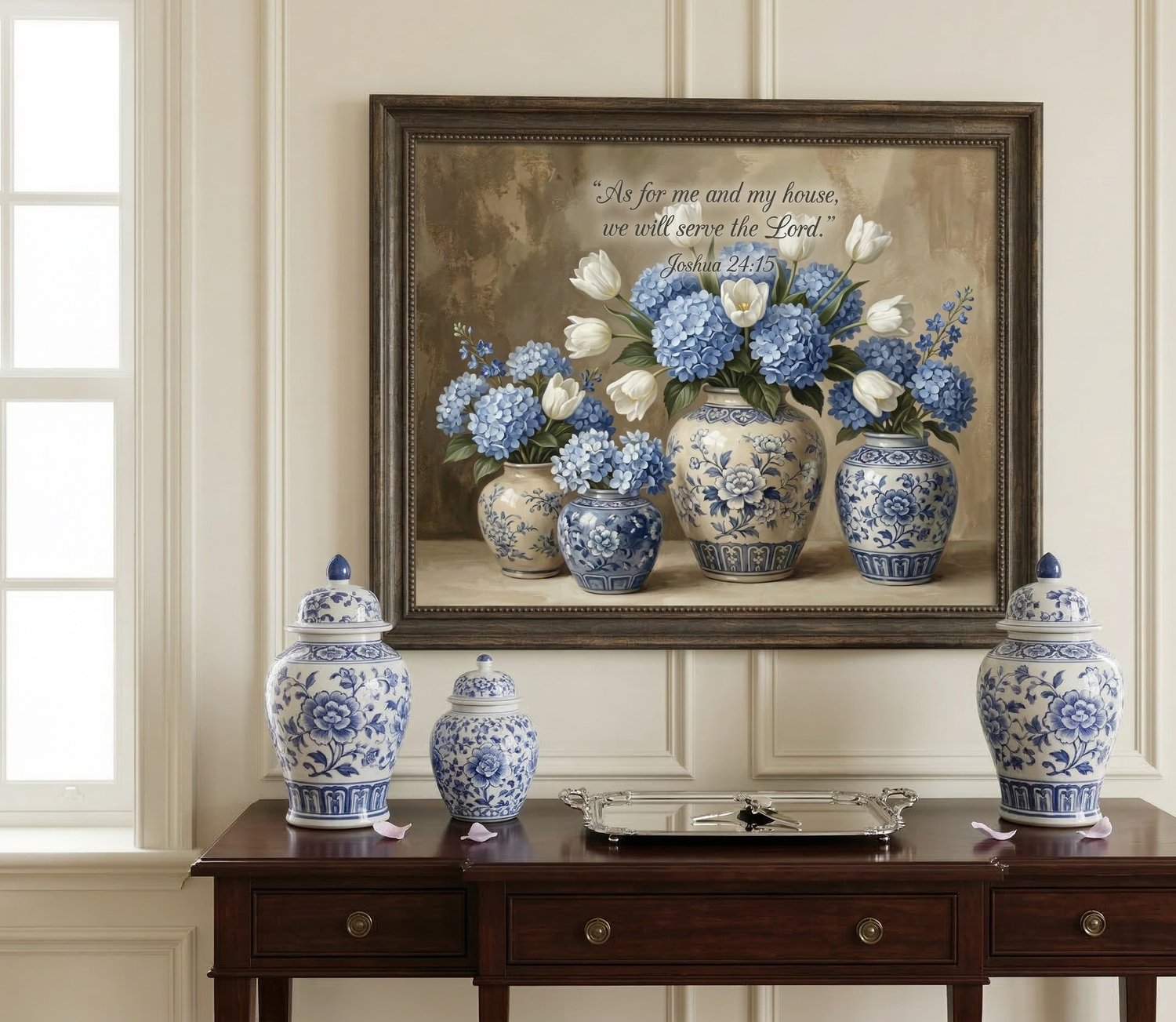 Joshua 24:15 Christian wall art framed above a dark wood console table decorated with blue and white Chinoiserie ginger jars.