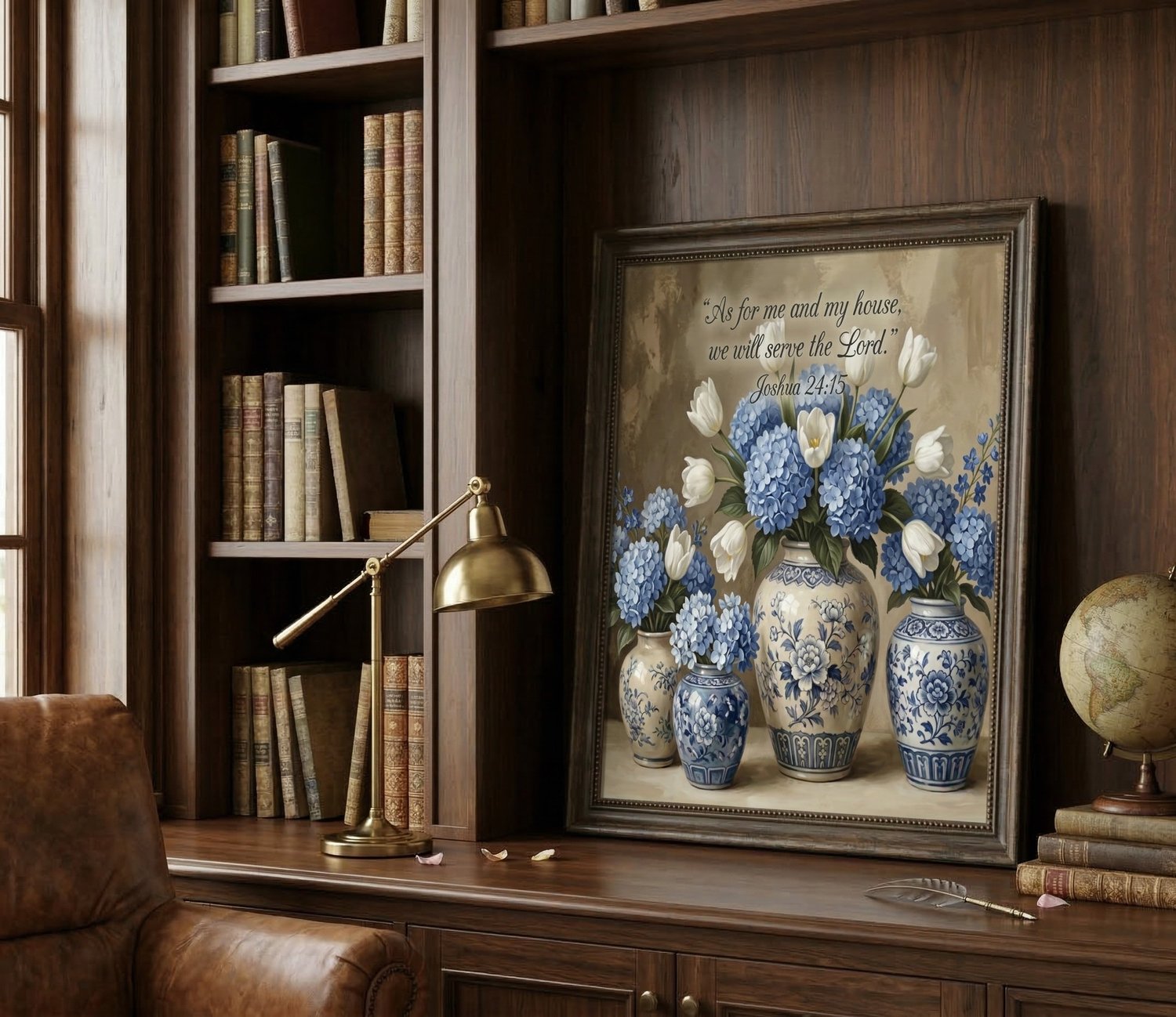 Framed Joshua 24:15 digital download resting on a dark wood desk next to a brass lamp, vintage books, and a globe in a cozy study.