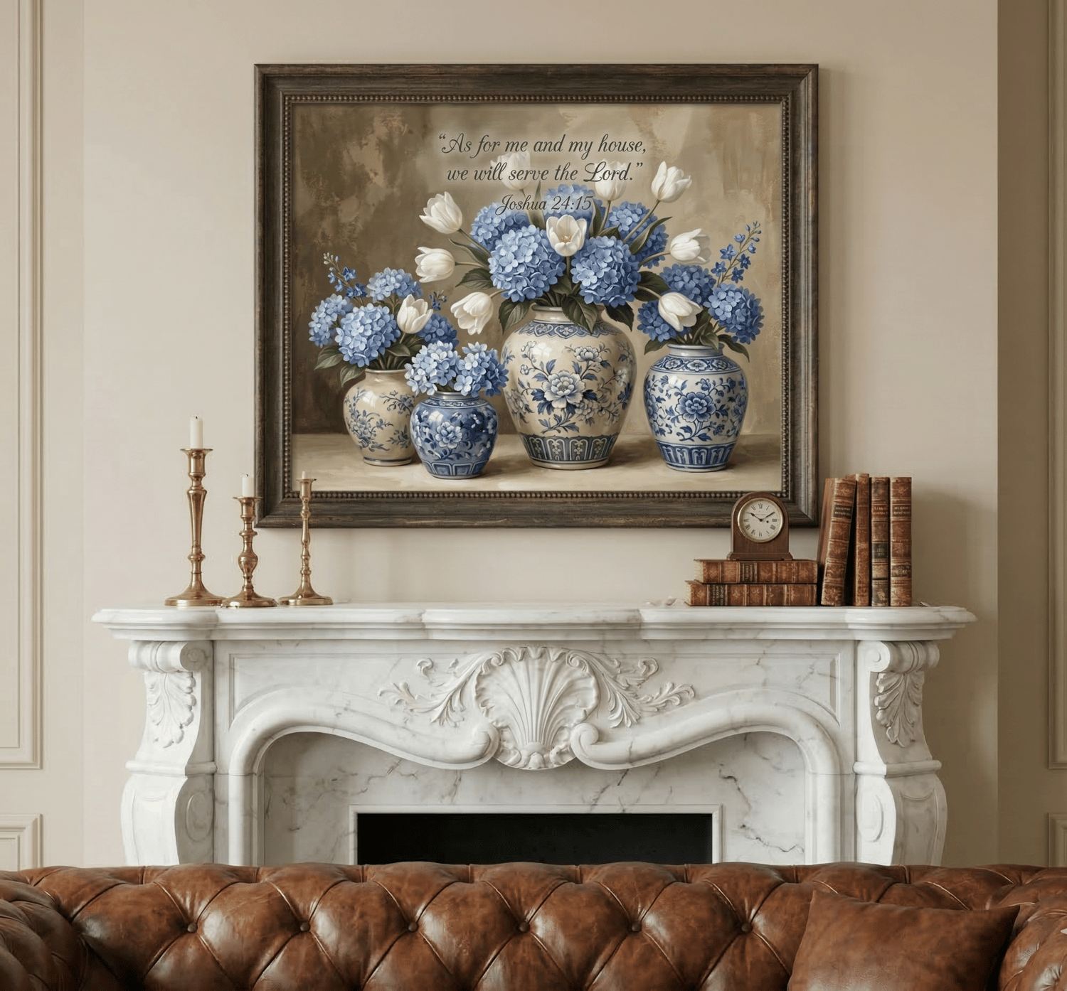 Digital print of Joshua 24:15 with blue hydrangeas and white tulips, framed in dark wood above an elegant white marble fireplace.