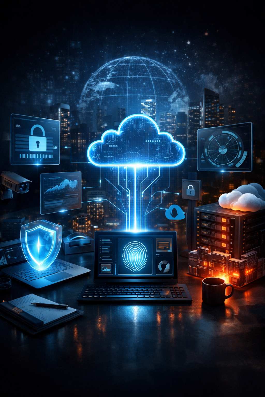 Futuristic cybersecurity workspace featuring a glowing AWS cloud hologram connected to various digital security elements, including a fingerprint scanner, shield icon, server rack, firewall, and data analytics screens — all set against a dark cityscape wi