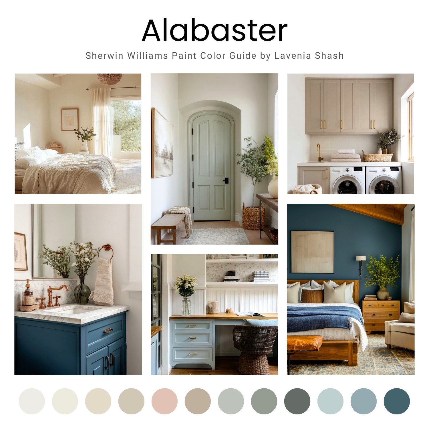 Sherwin Williams Alabaster paint palette. Whole house color scheme with neutrals and coordinating colors. Paint colors for home with white, beige, greige, green, blue, and blush pink. Interior design color scheme created by Lavenia Shash