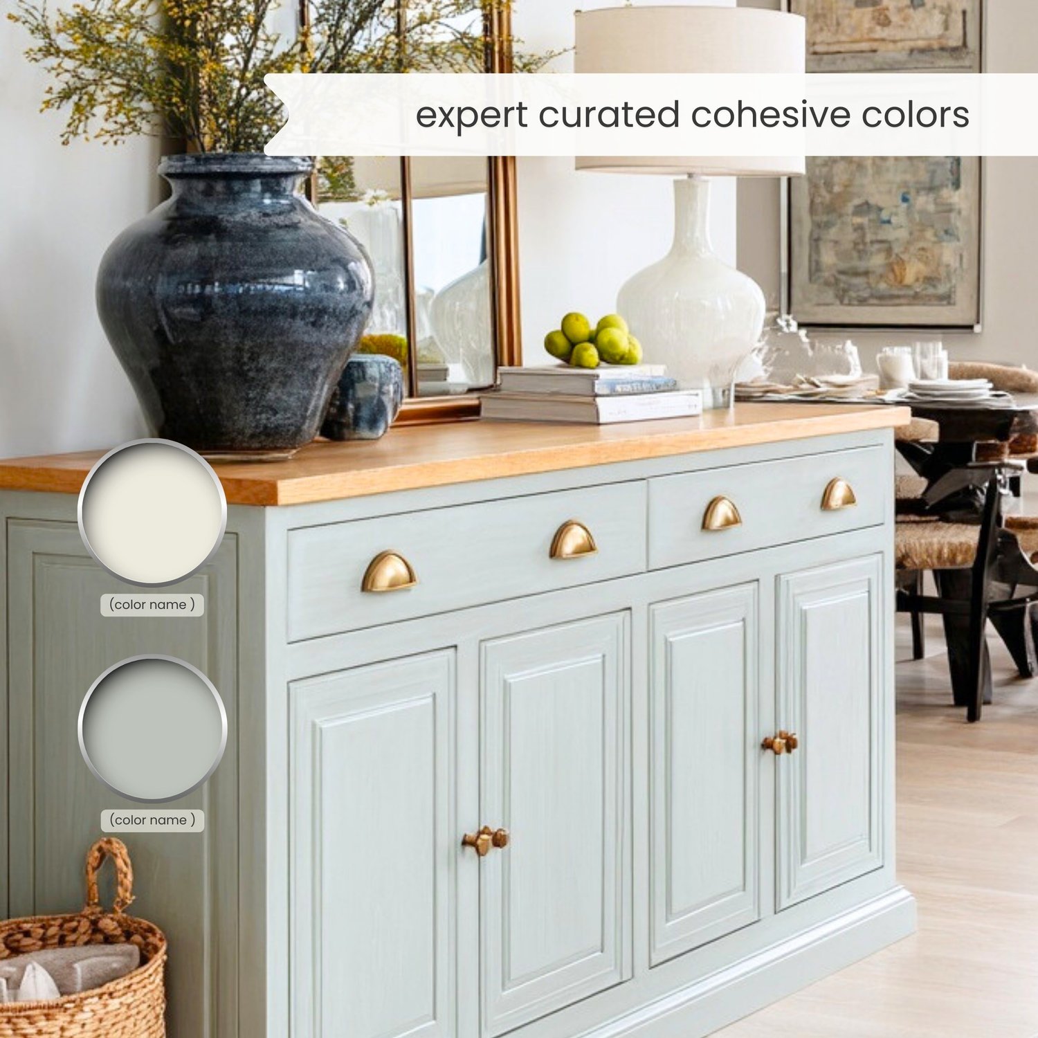 Sherwin Williams Alabaster paint palette. Whole house color scheme with neutrals and coordinating colors. Paint colors for home with white, beige, greige, green, blue, and blush pink. Interior design color scheme created by Lavenia Shash
