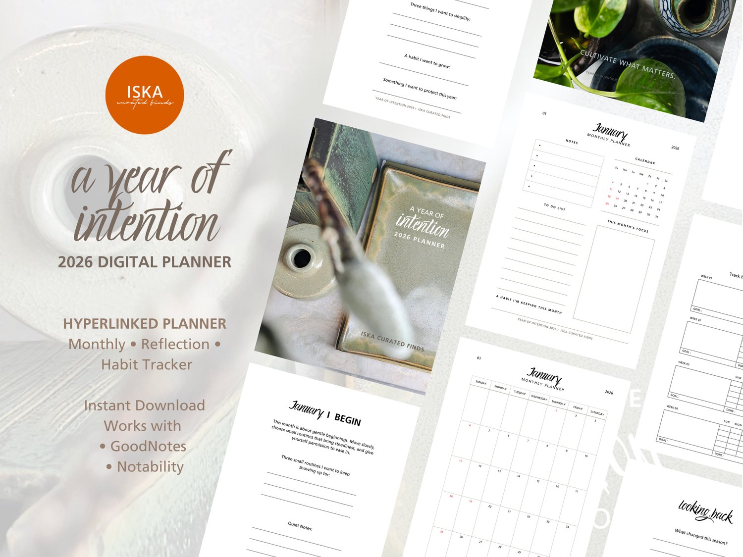 A Year of Intention 2026 digital planner hyperlinked PDF for iPad and tablet with monthly planner, reflection pages and habit tracker