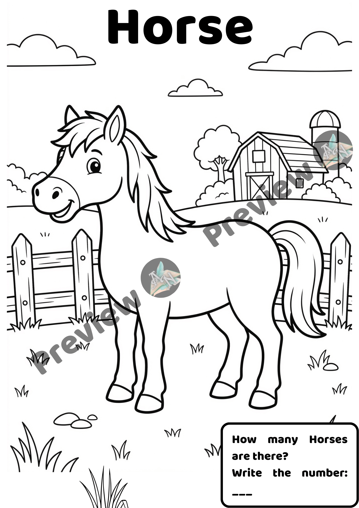 Farm animal horse coloring and counting worksheet for preschool kids with farm background and number writing activity from farm animals counting workbook