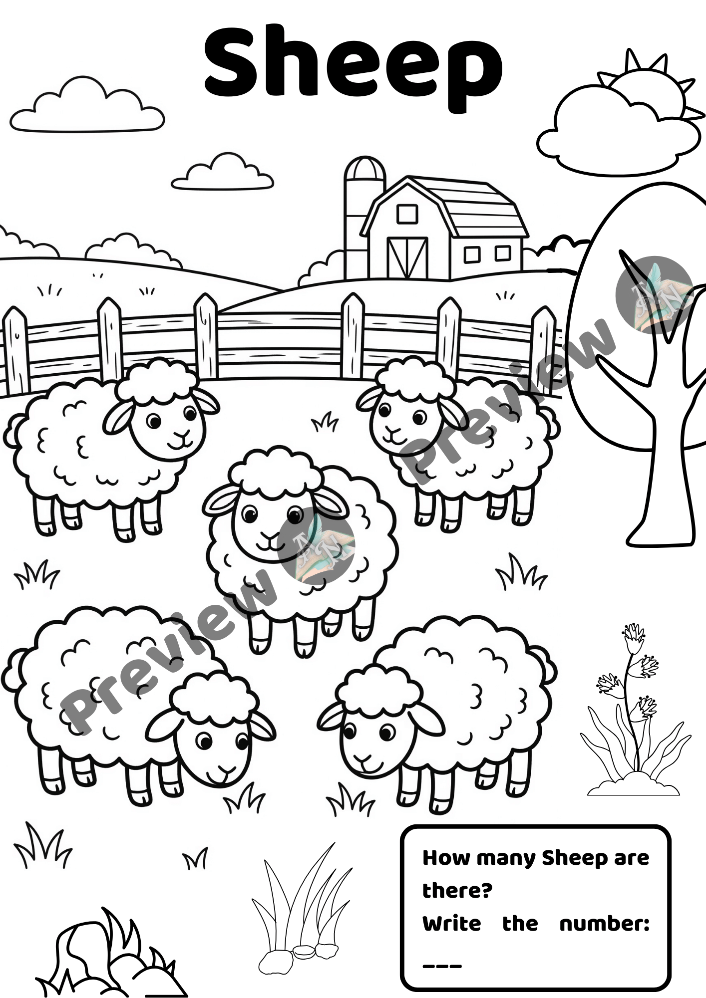 Sheep farm animal counting and coloring worksheet for kids showing multiple sheep to count with number writing activity for preschool math practice