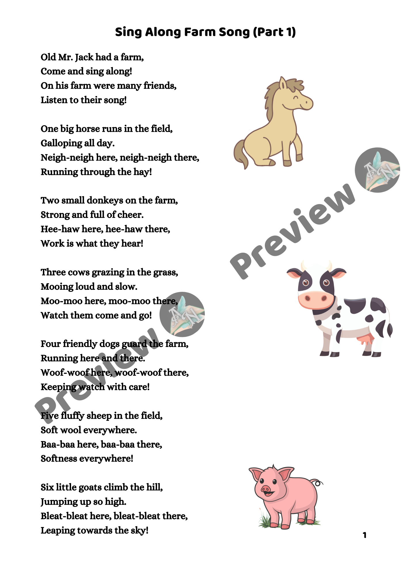 Farm animals sing along farm song printable page from kids workbook featuring a simple rhyme about farm animals for preschool learning activities