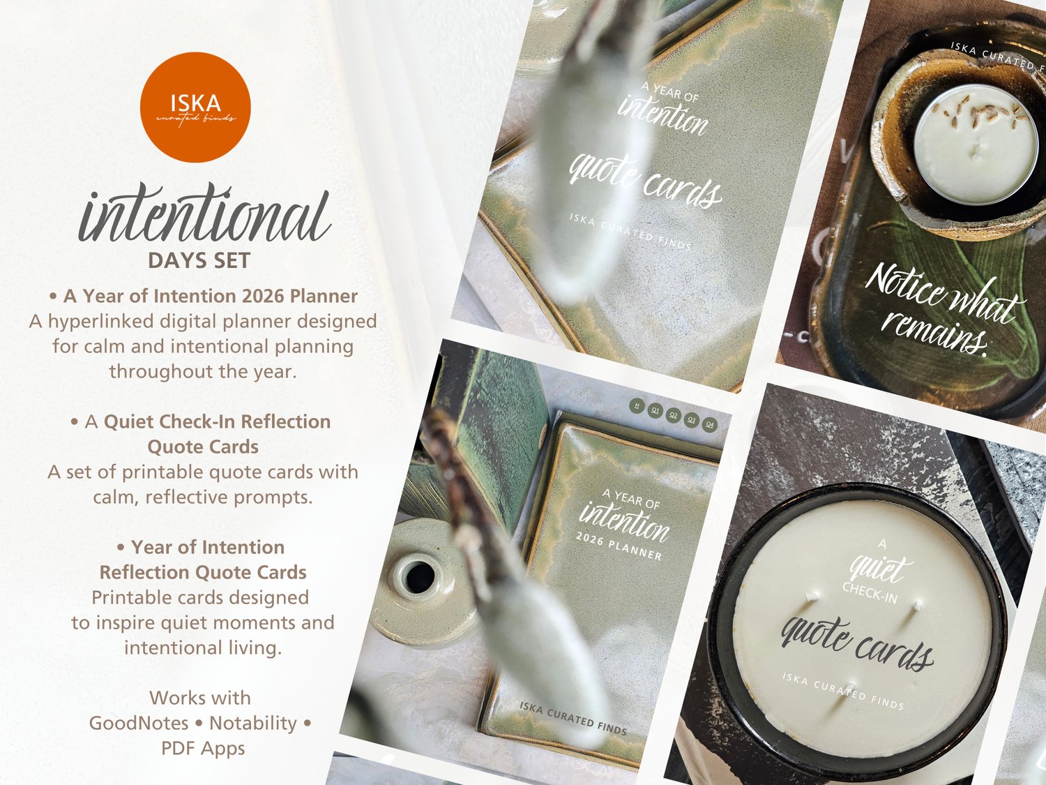 Intentional Days Set digital planner and reflection quote cards for intentional living by Iska Curated Finds