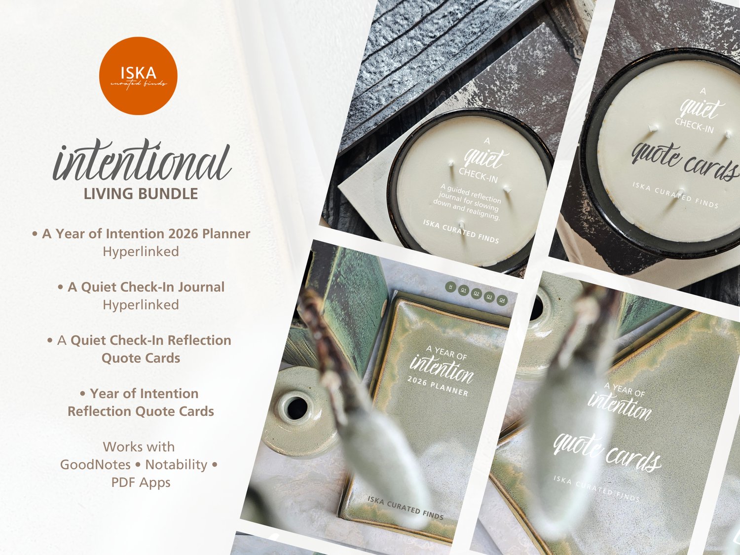 Intentional Living Bundle digital planner, reflection journal, and printable quote cards for intentional living by Iska Curated Finds