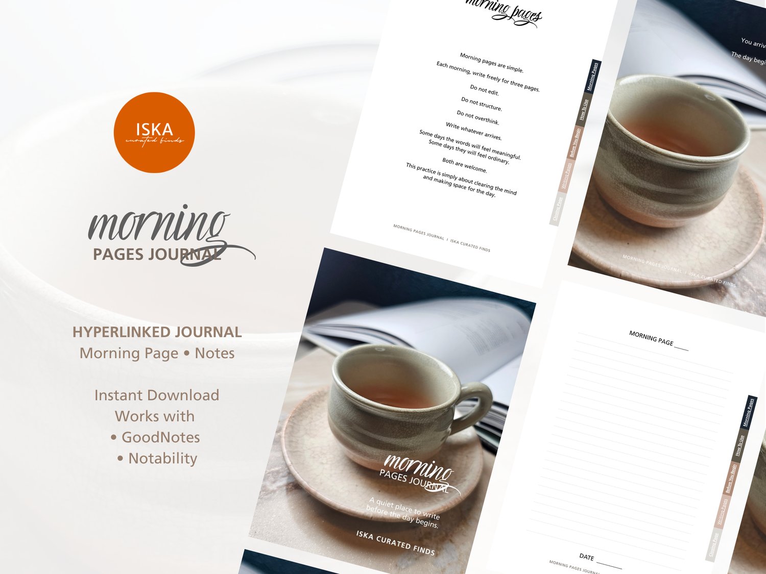 Morning Pages Journal by Iska Curated Finds – minimal writing journal for morning reflection, compatible with GoodNotes, Notability, and printable PDF journaling.