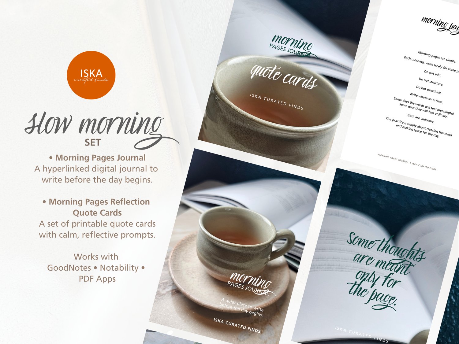 The Slow Mornings Set – Morning Pages Journal and reflective quote cards for journaling, intentional mornings, and digital planning by Iska Curated Finds