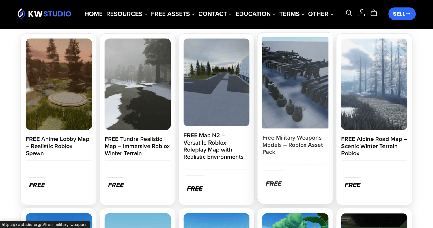 Free Roblox assets available in the KW Studio marketplace including models, maps, and development resources